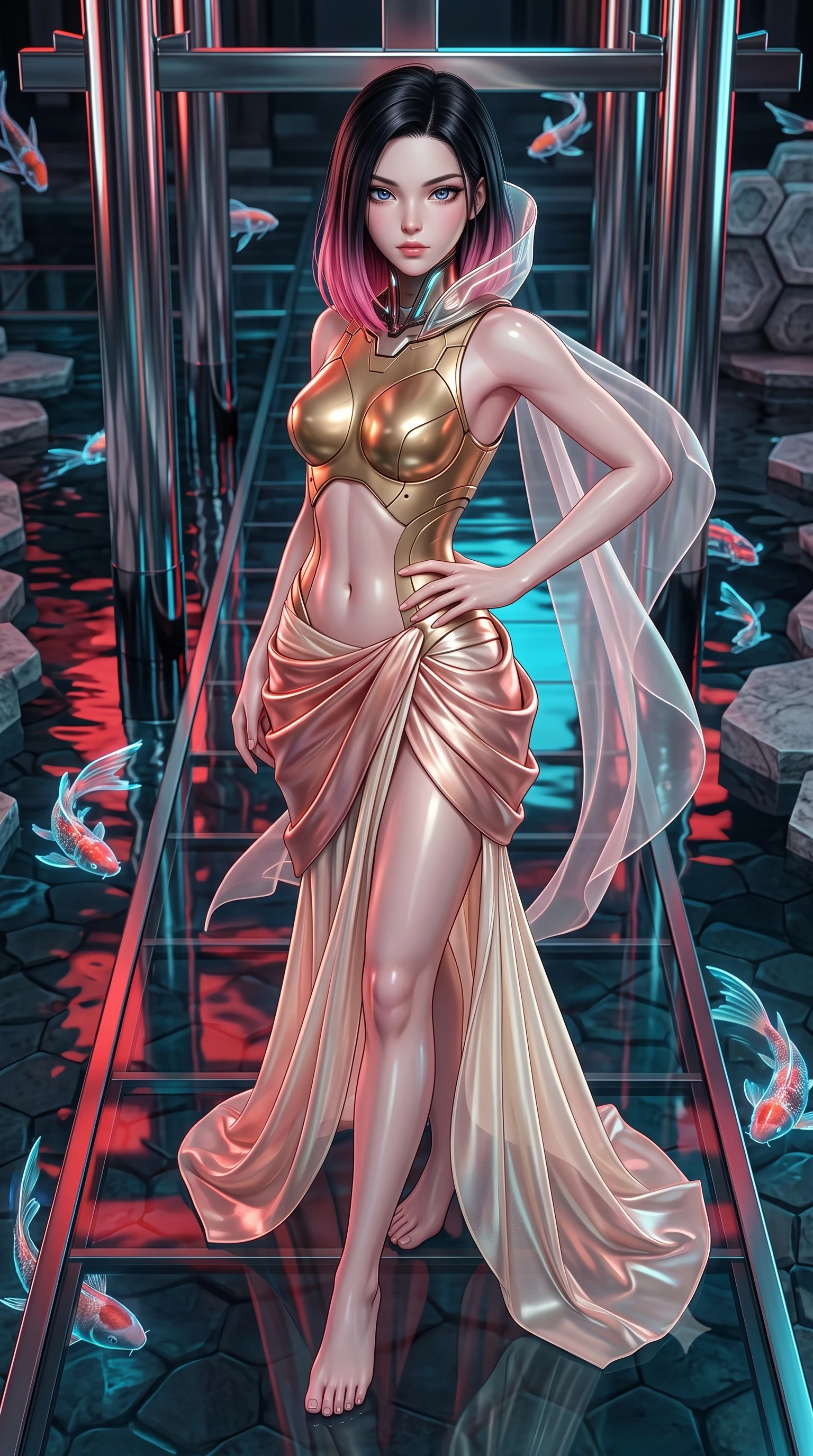 score_9, masterpiece, best quality, ultra-detailed, high-budget anime keyframe, editorial fashion photography, tasteful artistic composition, Korean woman. close-up cowboy shot from the waist and thighs up, the character dominates the composition, filling the frame with her large presence. twisting her upper body in a dynamic S-curve with commanding allure, one hand resting on her slender waist with haughty grace while arching her back in a fluid motion on a submerged glass walkway catching dramatic scarlet and cyan reflections. The surrounding environment is rendered in vivid detail and crisp panoramic clarity. intricate chrome torii pillar reflections, holographic koi fin filaments, and hexagonal stone textures in deep focus. She has an exceptionally elegant, slender, and willowy female figure with an ultra-slim waist, a gracefully sculpted slender torso, toned flat midriff, and a refined slim silhouette. sharp v-shaped jawline, high-bridge nose, intricate jewel-like eyes with depth, thick eyelashes, glossy lips with a natural sheen, flawlessly proportioned anatomical accuracy, strict slender model proportions, natural body alignment, perfectly sculpted long slender limbs, ultra-slim waistline, clean dynamic posture without body distortion. wearing an ethereal translucent cyber-veil paired with a sculpted golden mechanical cuirass and high-fashion draped silk skirt in sculpted rose gold and luminescent champagne ivory, crafted from delicate iridescent organza interwoven with luminescent micro-fibers, featuring a sleek aerodynamic collar framed by subtle glowing cybernetic accents, the form-contouring material adhering flawlessly to her sculpted flat midriff and slender torso, emphasizing her long leg lines and perfectly proportioned willowy build. illuminated by crisp specular highlights tracing her sculpted flat midriff, waist, and long slender legs. ultra-reflective glossy finish, specular highlights, dark metallic sheen, high-contrast stereoscopic depth, volumetric dynamic lighting, 2k, ultra detail, master piece, 9:16 ratio