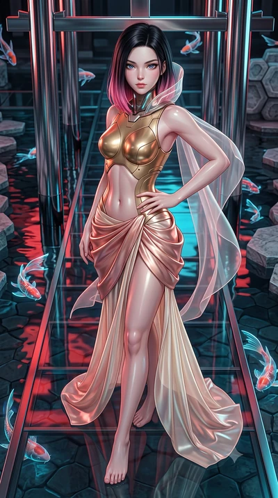 score_9, masterpiece, best quality, ultra-detailed, high-budget anime keyframe, editorial fashion photography, tasteful artistic composition, Korean woman. close-up cowboy shot from the waist and thighs up, the character dominates the composition, fi
