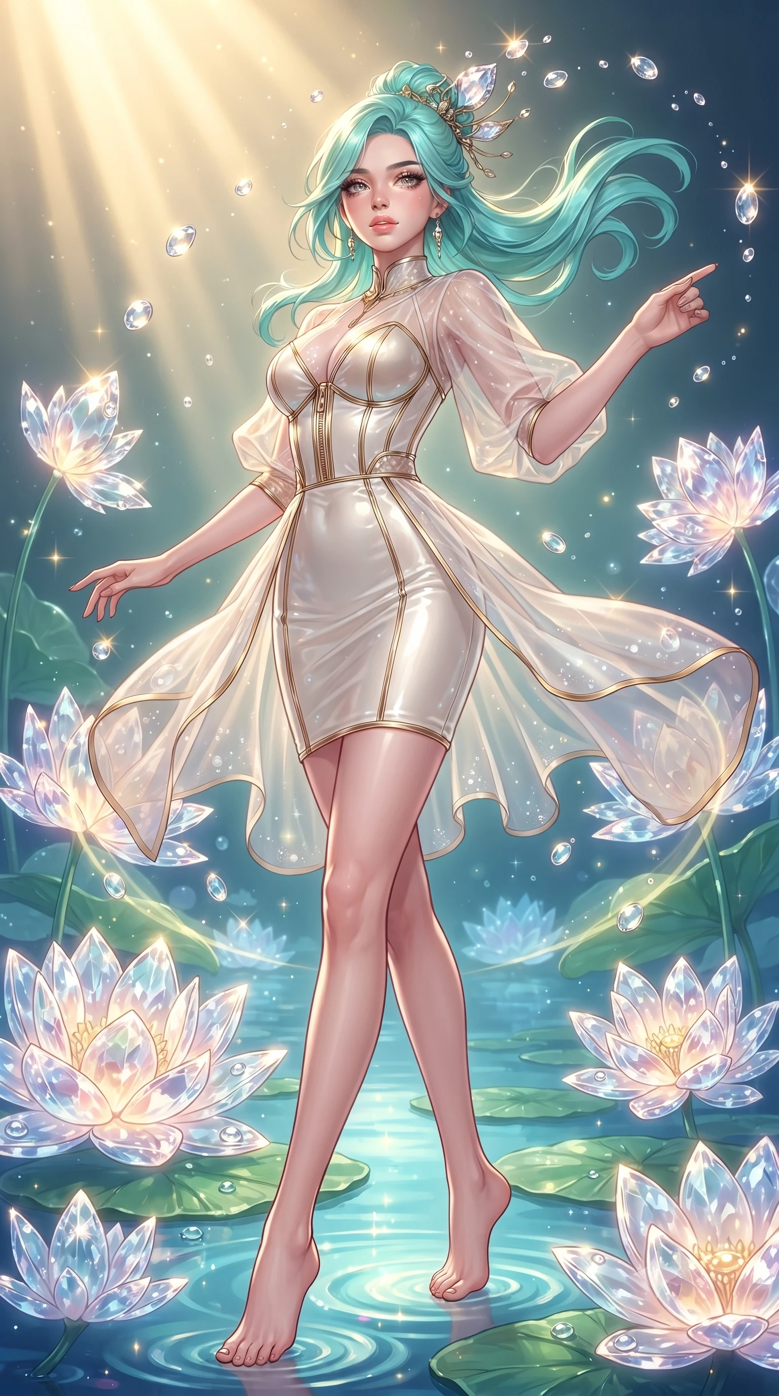 score_9, masterpiece, best quality, ultra-detailed, high-budget anime keyframe, editorial fashion photography, tasteful artistic composition, Japanese woman. low angle full-body shot from head to toe showing her feet, filling the entire 9:16 vertical frame with her statuesque presence, stretching her vertical silhouette. interacting with floating opal particles, her long slender legs poised in motion, standing in a tranquil water garden filled with giant glowing crystal lotus blossoms, dewdrops on crystal petals sparkling under golden sunbeams. She has an absolutely perfect, statuesque 8.5-heads proportion, an exceptionally tall and slender model-like female figure with impossibly long slender legs and an ultra-slim waist. sharp v-shaped jawline, high-bridge nose, intricate jewel-like eyes with depth, thick eyelashes, glossy lips with a natural sheen. wearing precision-fitted bodycon dress in high-gloss liquid pearl vinyl in glowing ivory, made of sheer opal chiffon overlay, finished with metallic gold boning and sleek zipper points, accentuating her gracefully sculpted slender torso. surrounded by a gentle glowing aura of crystal lotus light. highly saturated vibrant anime colors, detailed shading with soft gradients, rich glossy textures, high-contrast stereoscopic depth, volumetric dynamic lighting, master piece, 9:16 ratio
