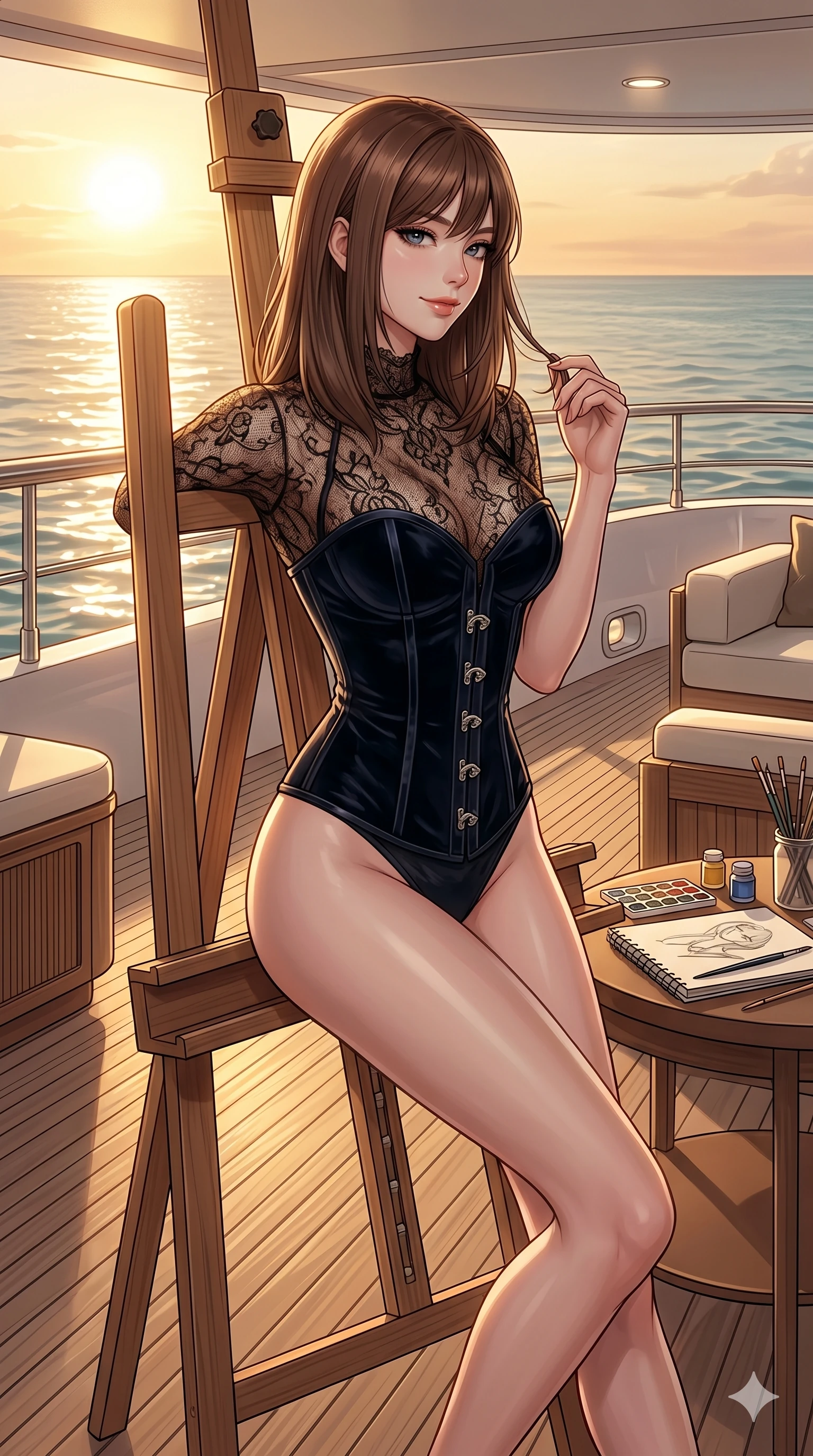 score_9, masterpiece, best quality, ultra-detailed, high-budget anime keyframe, editorial fashion photography, tasteful artistic composition, Korean woman. cowboy shot from the thighs up, character and outfit filling the frame for maximum editorial presence. leaning against an easel, looking over her shoulder with a teasing half-smile on a private yacht deck at sunset with a warm tropical sea breeze (Code-P18-167). She has an absolutely perfect 8-heads proportion, an exceptionally tall and slender female figure with impossibly long slender legs and an ultra-slim waist. V-shaped jawline, high-bridge nose, intricate jewel-like eyes with depth, thick eyelashes, glossy lips with a natural sheen. wearing a dark velvet corset combined with a sheer lace top. warm afternoon sunbeams reflecting off the water ripples, tracing her athletic build. 2k, ultra detail, master piece, 9:16 ratio