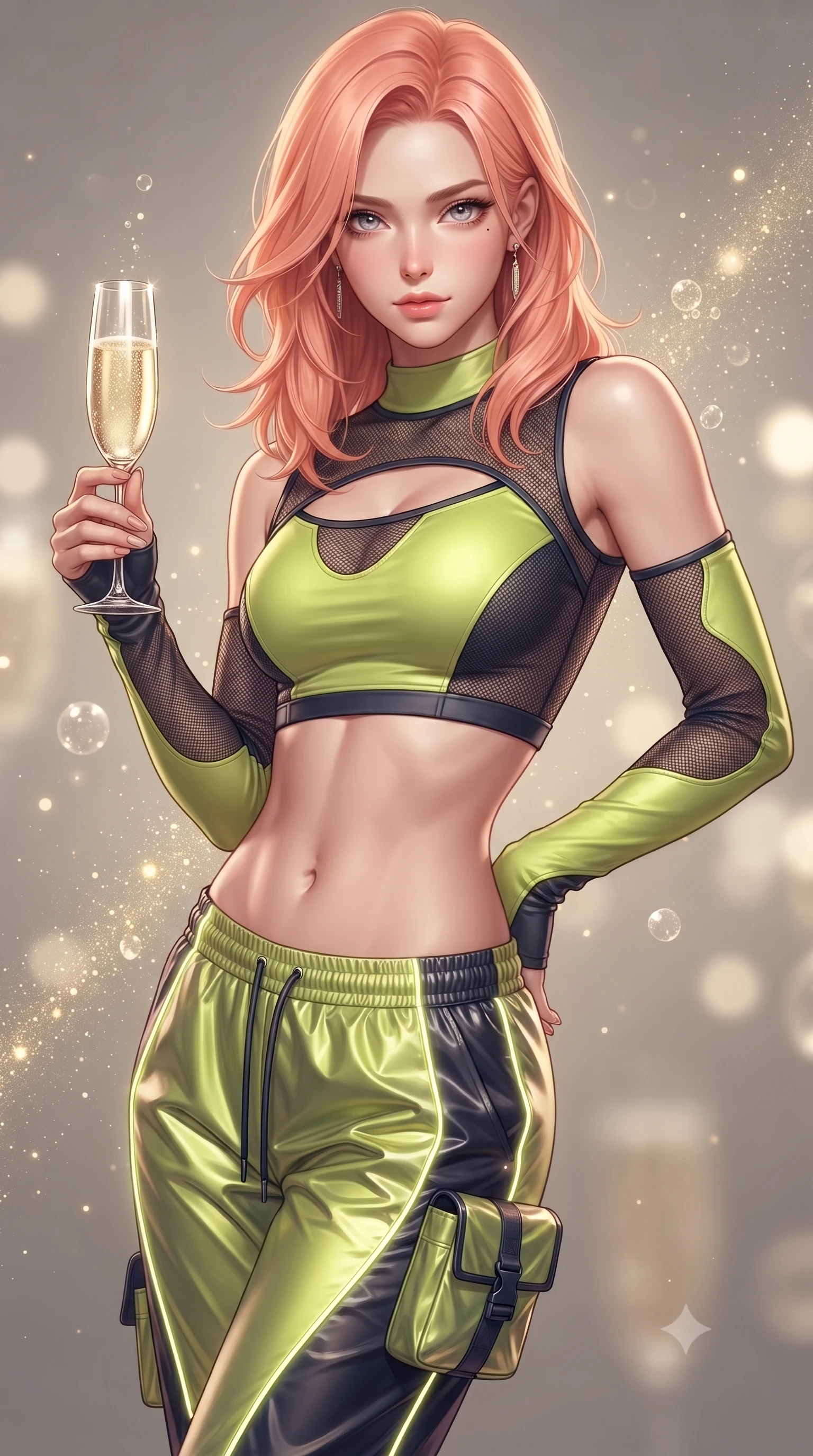 score_9, masterpiece, best quality, ultra-detailed, high-budget anime keyframe, editorial fashion photography, tasteful artistic composition, Japanese woman. close-up cowboy shot from the waist and thighs up, the character dominates the composition, filling the frame with her large presence. radiating intense magnetic charisma with jewel-like eyes locked onto the viewer, her upper body turning in a dynamic, fluid S-curve while holding a crystal flute of sparkling champagne with delicate poise, her jewel-like eyes locked onto the viewer. The composition keeps background elements in soft focus with creamy bokeh. sparkling champagne bubbles and gold glitter dust scattering soft luminous light motes. She has an exceptionally elegant, slender, and willowy female figure with an ultra-slim waist, a gracefully sculpted slender torso, toned flat midriff, and a refined slim silhouette. sharp v-shaped jawline, high-bridge nose, intricate jewel-like eyes with depth, thick eyelashes, glossy lips with a natural sheen, captivating and magnetic expression, flawlessly proportioned anatomical accuracy, strict slender model proportions, natural body alignment, perfectly sculpted long slender limbs, ultra-slim waistline, clean dynamic posture without body distortion. wearing a sporty Y2K mesh-paneled crop top with asymmetrical sleeve warmers and low-slung metallic track pants in acid lime green and dark obsidian, made of breathable technical athletic mesh and liquid-finish track nylon, finished with glowing fiber-optic seam piping and miniature utility pouches, the precision-cut daring openings accentuating her delicate midriff, graceful bare collarbones, and ultra-slim feminine waistline. surrounded by a glamorous, exclusive, and breathtakingly captivating billionaire heiress aura. ultra-reflective glossy finish, specular highlights, rich textural contrasts, high-contrast stereoscopic depth, volumetric dynamic lighting, 2k, ultra detail, master piece, 9:16 ratio
