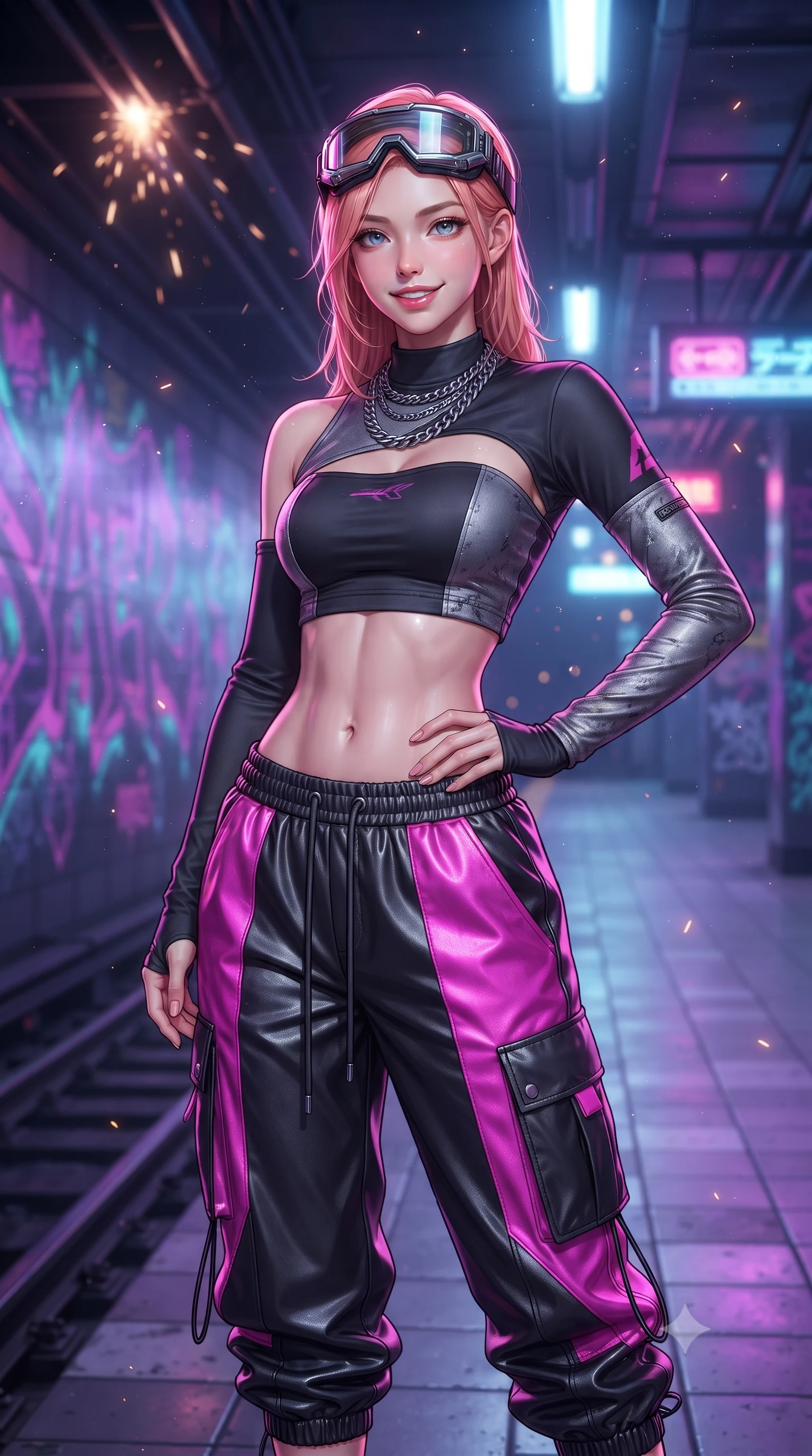 score_9, masterpiece, best quality, ultra-detailed, high-budget anime keyframe, editorial fashion photography, tasteful artistic composition, Japanese woman. close-up cowboy shot from the waist and thighs up, the character dominates the composition, filling the frame with her large presence. smiling with subtle, enchanting allure and glossy parted lips, one hand resting on her waist with effortless supermodel poise while posing dynamically in a futuristic subway station corridor covered in glowing ultraviolet cyber-graffiti murals. The composition keeps background elements in soft focus with creamy bokeh. sparks from overhead power rails and floating dust particles catching neon light motes. She has an exceptionally elegant, slender, and willowy female figure with an ultra-slim waist, a gracefully sculpted slender torso, toned flat midriff, and a refined slim silhouette. sharp v-shaped jawline, high-bridge nose, intricate jewel-like eyes with depth, thick eyelashes, glossy lips with a natural sheen, captivating and magnetic expression, flawlessly proportioned anatomical accuracy, strict slender model proportions, natural body alignment, perfectly sculpted long slender limbs, ultra-slim waistline, clean dynamic posture without body distortion. wearing a sporty asymmetrical sleeve-warmer crop top with low-slung metallic parachute track pants in matte pitch-black and vivid neon magenta, tailored from distressed structured cotton denim with metallic thread, accessorized with a chunky silver chain necklace and cyber-visor goggles resting on her brow, the glove-like aerodynamic second-skin fit tightly clinging to her ultra-slender waist and athletic curves without adding bulk, accentuating her razor-sharp statuesque lines and slim hourglass silhouette. illuminated by crisp specular highlights defining her toned flat midriff and athletic curves. ultra-reflective glossy finish, specular highlights, rich textural contrasts, high-contrast stereoscopic depth, volumetric dynamic lighting, 2k, ultra detail, master piece, 9:16 ratio