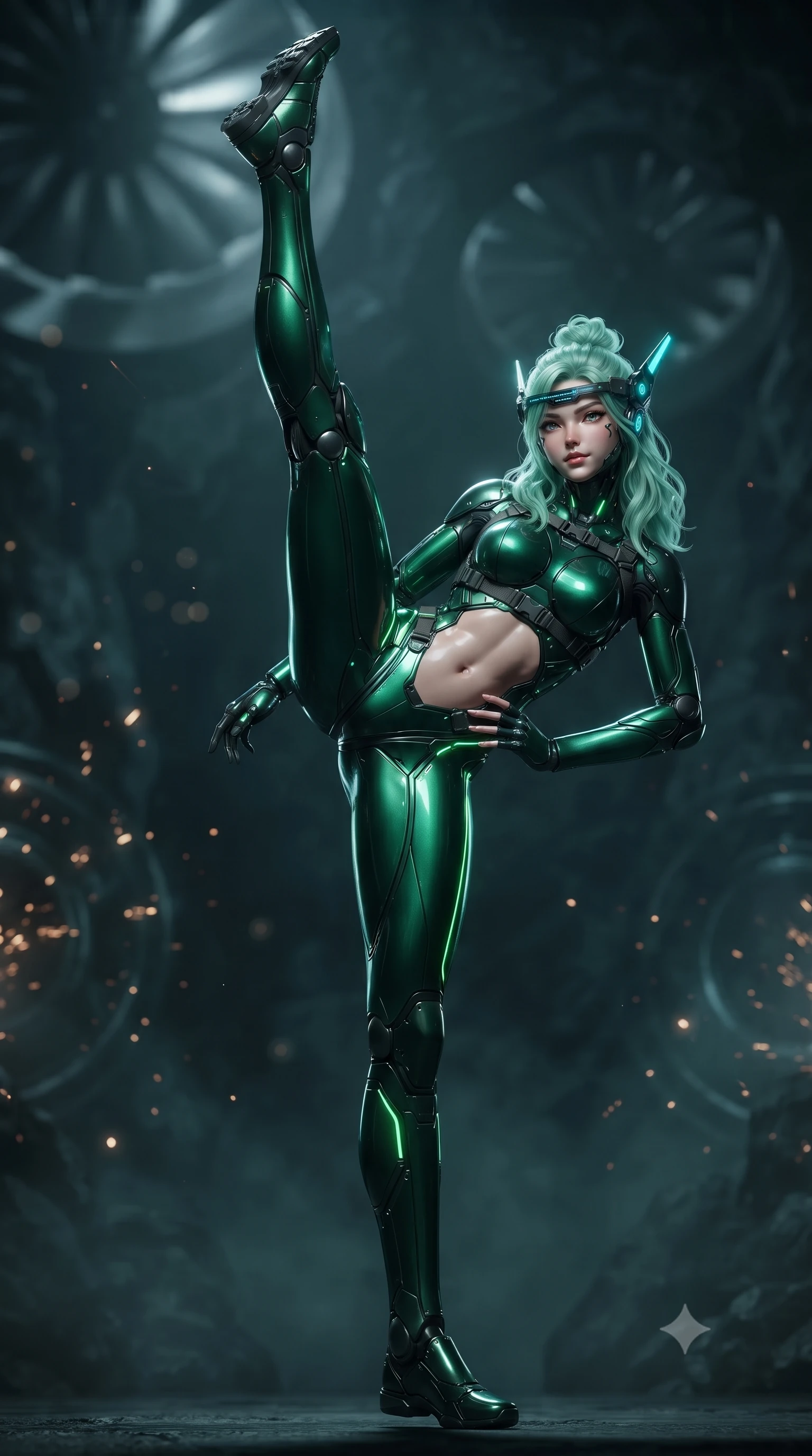 score_9, masterpiece, best quality, ultra-detailed, high-budget anime keyframe, editorial fashion photography, tasteful artistic composition, Japanese woman. low angle full-body shot from head to toe showing her feet, filling the entire 9:16 vertical frame with her statuesque presence, stretching her vertical silhouette. executing a breathtaking zero-gravity high-kick with full 180-degree vertical extension, her impossibly long slender legs dominating the frame with razor-sharp poise while resting one hand on her hip with a haughty, captivating battle smirk as giant exhaust turbines turn slowly overhead. The composition keeps background elements in soft focus with creamy bokeh. sparkling sonar pulse rings and grinding metal sparks scattering light motes across a dark cavern backdrop. She has an absolutely perfect, statuesque 8.5-heads proportion, an exceptionally tall and slender model-like female figure with impossibly long slender legs, a toned flat midriff, and an ultra-slim waist. sharp v-shaped jawline, high-bridge nose, intricate jewel-like eyes with depth, thick eyelashes, glossy lips with a natural sheen, fierce and resolute heroine expression, flawlessly proportioned anatomical accuracy, strict slender model proportions, natural body alignment, perfectly sculpted long slender limbs, ultra-slim waistline, clean dynamic posture without body distortion. wearing a lightweight carbon-fiber tactical sensory headpiece with glowing cyan ear-antennae and an ultra-thin forehead HUD brow-band, paired with an ultra-sleek high-gloss carbon-composite exoskeleton suit featuring kinetic shock-absorbing shin guards and flexible limb articulation joints in toxic emerald green carbon composite with glowing lime warning channels, made of lightweight aerodynamic carbon-titanium alloy with precision-beveled armor seams, reinforced by a heavy-duty titanium tactical harness and glowing micro-energy status straps, the sleek second-skin cut tightly hugging her graceful clavicle, narrow waist, and feminine curves with athletic precision. illuminated by crisp specular highlights tracing her sculpted flat midriff, bare spine, and slender limbs. ultra-reflective glossy finish, specular highlights, dark metallic sheen, high-contrast stereoscopic depth, volumetric dynamic lighting, 2k, ultra detail, master piece, 9:16 ratio