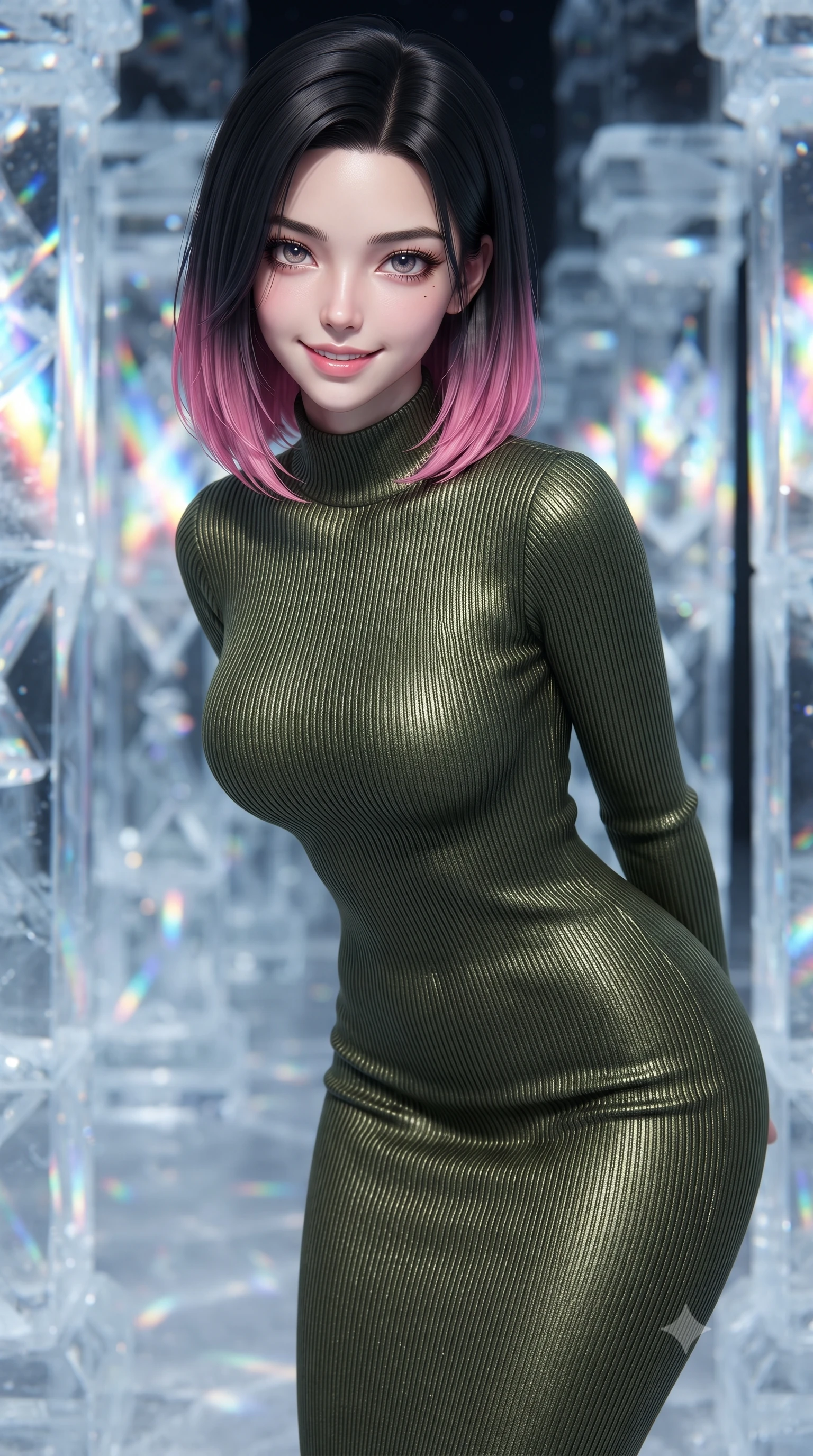 score_9, masterpiece, best quality, ultra-detailed, high-budget anime keyframe, editorial fashion photography, tasteful artistic composition, Korean woman. close-up cowboy shot from the waist and thighs up, the character dominates the composition, filling the frame with her large presence, background elements kept in soft focus. leaning slightly forward with a playful, teasing smile, her gaze locked onto the viewer with lips parted in a composed pose, the background shows a soft-focus an ice column corridor reflecting starlight like a giant mirror maze. She has an exceptionally elegant, slender, and willowy female figure with an ultra-slim waist, a gracefully sculpted slender torso, and a refined silhouette. sharp v-shaped jawline, high-bridge nose, intricate jewel-like eyes with depth, thick eyelashes, glossy lips with a natural sheen. wearing a form-contouring body-hugging ribbed carbon-fiber knit bodycon midi dress in olive green, featuring a snug mock-neck. dazzling rainbow prismatic light refracting through ice crystal pillars. ultra-reflective glossy finish, specular highlights, metallic sheen, high-contrast stereoscopic depth, volumetric dynamic lighting, 2k, ultra detail, master piece, 9:16 ratio