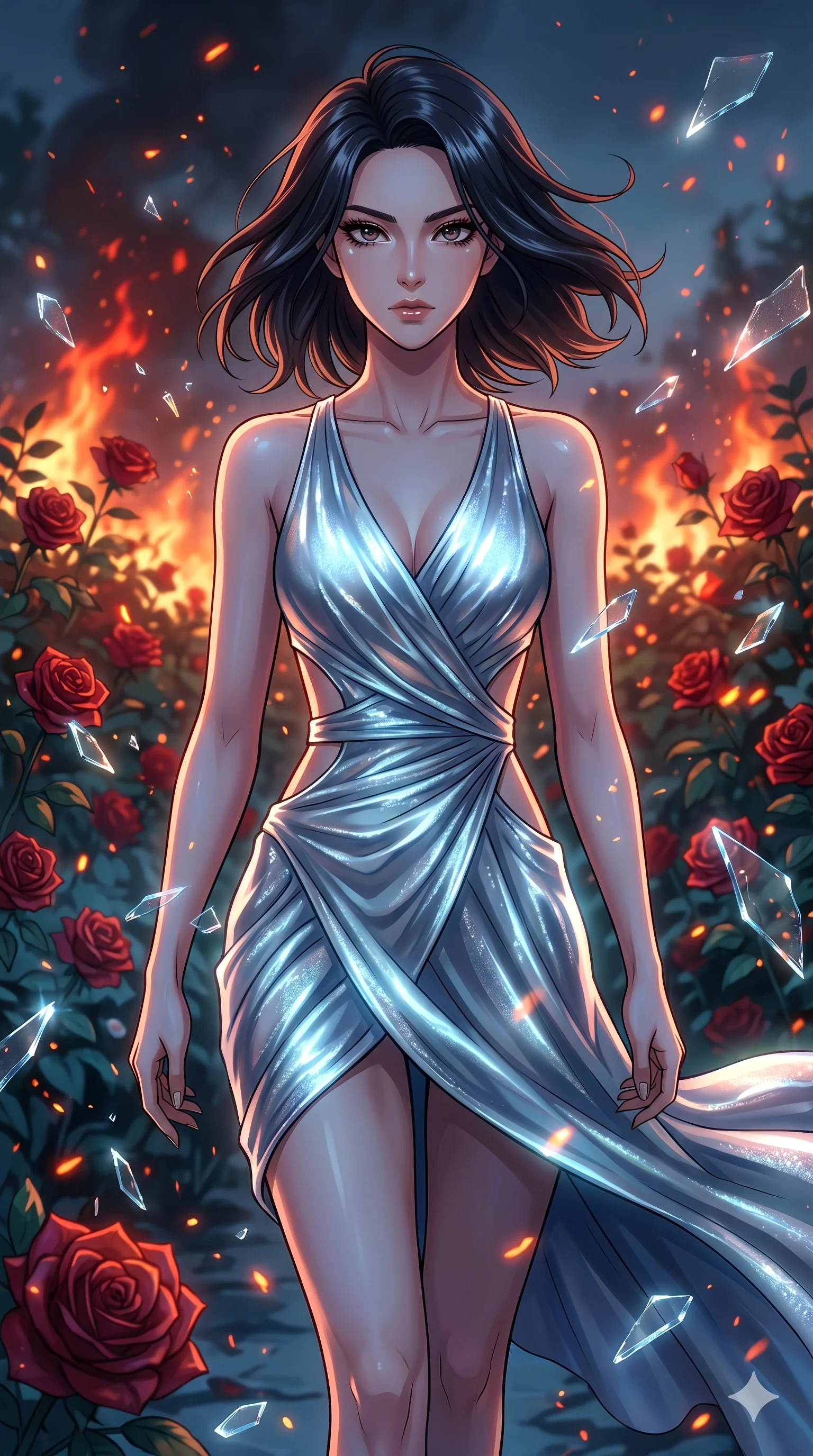 score_9, masterpiece, best quality, ultra-detailed, Set A: High-budget Anime Keyframe, Korean woman. Upper body close-up from the thighs up, character filling the screen for maximum presence. Walking gracefully through a burning rose garden, with a look of intense determination reflecting the fires of 137 and surrounded by shattered glass fragments. She has an absolutely perfect 8-heads proportion, an exceptionally tall and slender female figure with impossibly long slender legs and an ultra-slim waist. Sharp v-shaped jawline, high-bridge nose, intricate jewel-like eyes with depth, thick eyelashes, glossy lips with a natural sheen. Wearing Bioluminescent silk wrap dress with strategic side cut-outs and liquid mercury textures. Cinematic lighting, vibrant colors, dramatic shadows, 2k, ultra detail, master piece, 9:16 ratio