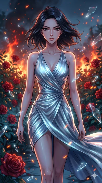 score_9, masterpiece, best quality, ultra-detailed, Set A: High-budget Anime Keyframe, Korean woman. Upper body close-up from the thighs up, character filling the screen for maximum presence. Walking gracefully through a burning rose garden, with a l