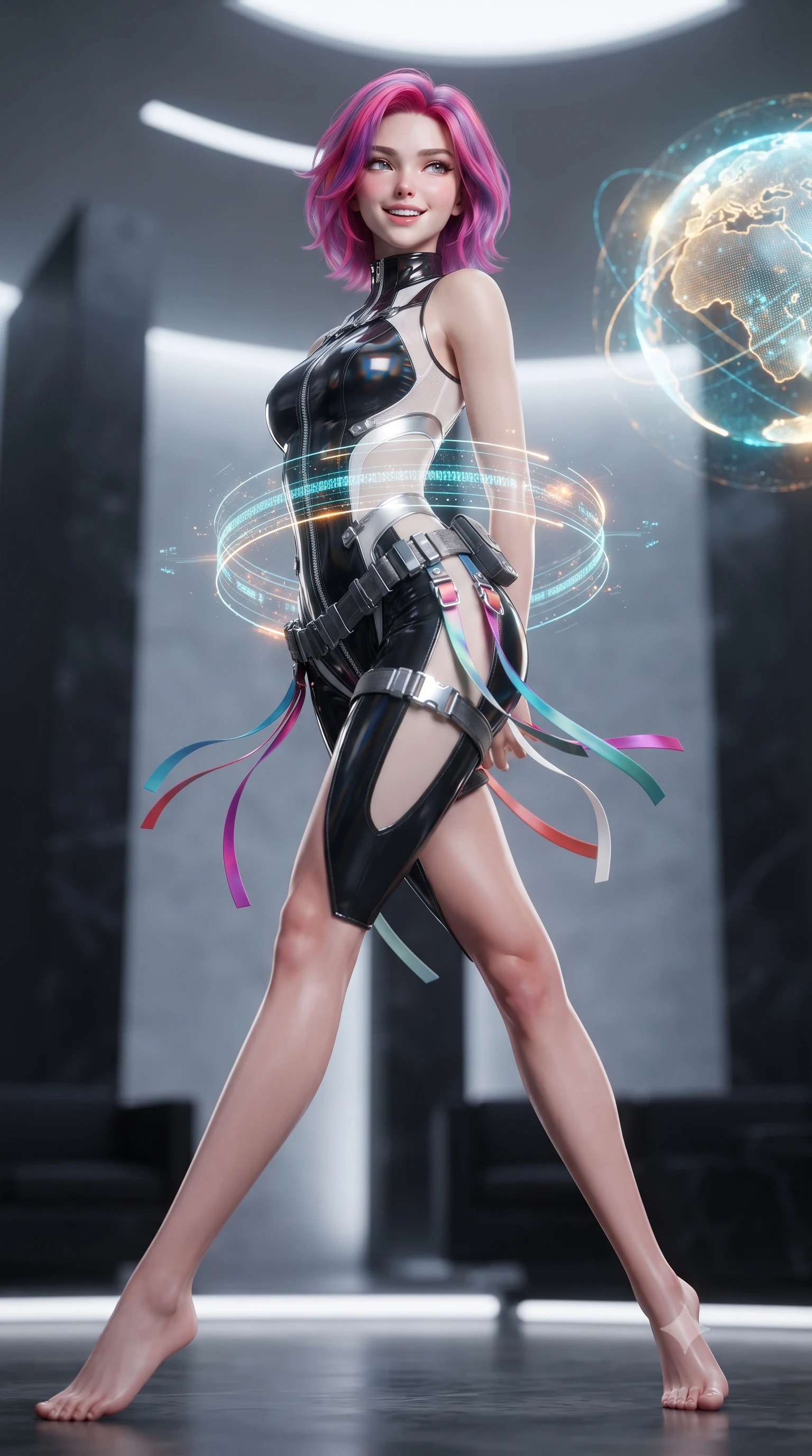score_9, masterpiece, best quality, ultra-detailed, high-budget anime keyframe, editorial fashion photography, tasteful artistic composition, Caucasian woman. low angle full-body shot from head to toe showing her feet, filling the entire 9:16 vertical frame with her statuesque presence, stretching her vertical silhouette. executing a cheerful mid-motion pivot turn as her tactical belt and ribbons flutter around her slender legs, glancing over her shoulder with an intoxicating, teasing bedroom-gaze while twisting her slender torso in an alluring contrapposto stance, complex planetary data streams wrapping around her narrow waist and hips. The background shows a soft-focus soaring minimalist black stone monoliths and recessed lighting strips softened in prestigious sci-fi senate shallow focus. She has an absolutely perfect, statuesque 8.5-heads proportion, an exceptionally tall and slender model-like female figure with impossibly long slender legs, an ultra-slim waist, a flat toned midriff, narrow delicate ribcage, and beautifully sculpted feminine hips creating a graceful, slim hourglass silhouette without any bulky heaviness. sharp v-shaped jawline, high-bridge nose, intricate jewel-like sparkling eyes with depth, thick eyelashes, glossy parted lips with a natural sheen, bright confident smile with an enchanting and coquettish sensual glint, exuding both youthful magnetic charm and sovereign high-tech allure, flawlessly proportioned anatomical accuracy, strict slender model proportions, natural body alignment, perfectly sculpted long slender limbs, ultra-slim waistline, clean dynamic posture without body distortion. wearing a sleeveless high-collar cyber pilot suit in liquid-look obsidian jersey with strategic sheer ventilation panels in pure alabaster white and brushed silver accents, woven from layered gossamer holographic organza casting chromatic prism reflections, finished with polished chrome buckle hardware and modular magnetic holster clasps, the form-fitting tactical tailoring adhering flawlessly to her sculpted flat midriff and slender torso, emphasizing her long leg lines and perfectly proportioned willowy build. bathed in regal gold and cyan holographic light radiating from the floating globe matrix. ultra-reflective glossy finish, specular highlights, rich textural contrasts, high-contrast stereoscopic depth, volumetric dynamic lighting, 2k, ultra detail, master piece, 9:16 ratio