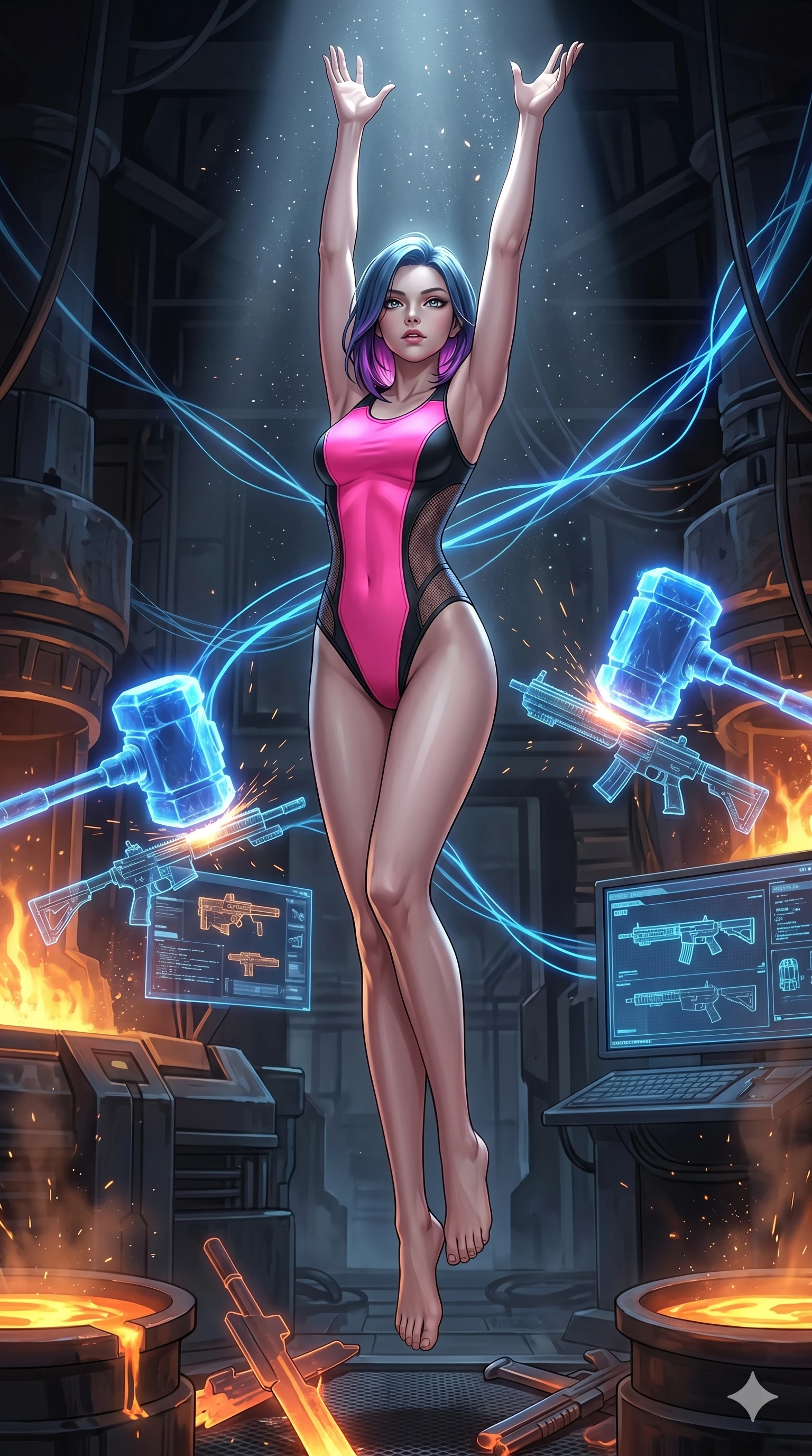 score_9, masterpiece, best quality, ultra-detailed, high-budget anime keyframe, editorial fashion photography, tasteful artistic composition, Caucasian woman, strictly human ears. low angle full-body shot from head to toe showing her feet, filling the entire 9:16 vertical frame with her statuesque presence, stretching her vertical silhouette. Leaping dynamically upward with both arms extended overhead, her long legs stretching the vertical frame inside a tech-fantasy forge where weapons are forged with blue energy hammers. She has an absolutely perfect 8-heads proportion, an exceptionally tall and slender female figure with impossibly long slender legs and an ultra-slim waist. V-shaped jawline, high-bridge nose, intricate jewel-like eyes with depth, thick eyelashes, glossy lips with a natural sheen. wearing a dual-tone neon pink and black performance bodysuit with mesh side panels tracing the silhouette. under high-contrast theatrical lighting with a spotlight highlighting her face and shoulders. 2k, ultra detail, master piece, 9:16 ratio