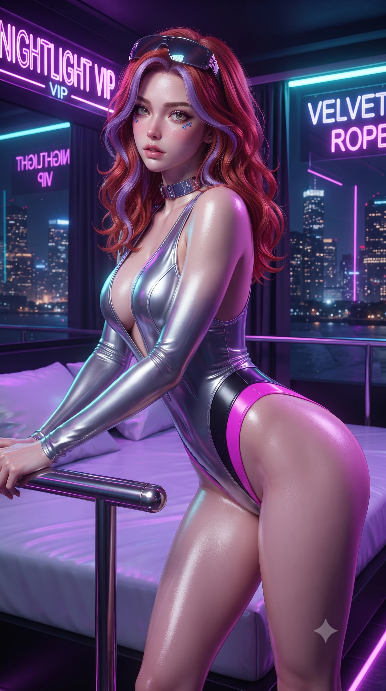 score_9, masterpiece, best quality, ultra-detailed, high-budget anime keyframe, editorial fashion photography, tasteful artistic composition, Caucasian woman. close-up cowboy shot from the waist and thighs up, the character dominates the composition, filling the frame with her large presence. leaning forward against the polished railing with her hips cocked back, creating an intoxicating curve from her narrow waist to sculpted hips as she gazes back into the lens while lounging in a private VIP cabana bed propped on one hip, parted lips glistening as purple and cyan neon reflections wash over her body. The surrounding environment is rendered in vivid detail and crisp panoramic clarity. detailed neon sign typography, wet fabric sheen, and night skyline reflections in high clarity. She has an exceptionally elegant, slender, and willowy female figure with an ultra-slim waist, a gracefully sculpted slender torso, toned flat midriff, and rounded feminine hips creating an alluring hourglass silhouette. sharp v-shaped jawline, high-bridge nose, intricate jewel-like eyes with depth, thick eyelashes, glossy parted lips with a natural sheen, intensely captivating and seductive bedroom-eyes expression, flawlessly proportioned anatomical accuracy, strict slender model proportions, natural body alignment, perfectly sculpted long slender limbs, ultra-slim waistline, clean dynamic posture without body distortion. wearing a liquid metallic silver monokini with plunging neckline and ultra-high-cut leg openings in matte pitch-black and vivid neon magenta, made of breathable technical athletic mesh and liquid-finish track nylon, accessorized with cyber-visor sunglasses resting on her brow and chunky silver choker, the glove-like aerodynamic silhouette tightly following the natural contour of her hips and long slender legs with statuesque precision. surrounded by an electrifying, hypnotic, and irresistibly provocative nightlife goddess aura. ultra-reflective glossy finish, specular highlights, rich textural contrasts, high-contrast stereoscopic depth, volumetric dynamic lighting, 2k, ultra detail, master piece, 9:16 ratio