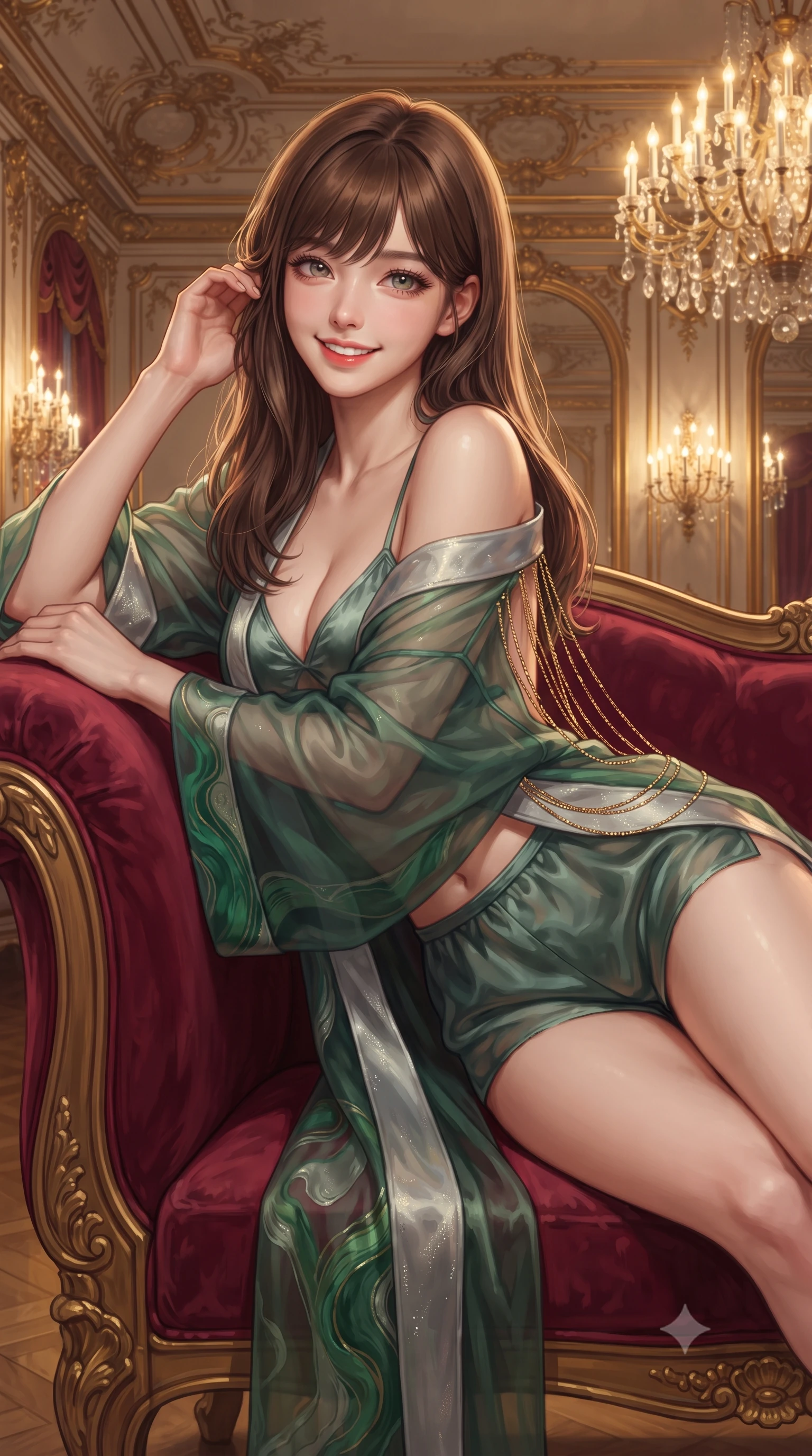 score_9, masterpiece, best quality, ultra-detailed, high-budget anime keyframe, editorial fashion photography, tasteful artistic composition, Korean woman. close-up cowboy shot from the waist and thighs up, the character dominates the composition, filling the frame with her large presence. gently brushing a lock of hair behind her ear while casting a playful, flirtatious side-gaze with long eyelashes while reclining gracefully across the crimson velvet French settee propped on one elbow, displaying her long slender limbs and statuesque hourglass silhouette with sovereign elegance. The surrounding environment is rendered in vivid detail and crisp panoramic clarity: detailed fabric weave, gold embroidery accents, and Austrian imperial architectural relief in razor-sharp precision. She has an exceptionally elegant, slender, and willowy female figure with an ultra-slim waist, flat toned midriff, narrow ribcage, and sculpted feminine hips creating an alluring, slim hourglass silhouette without bulk. sharp v-shaped jawline, high-bridge nose, intricate jewel-like sparkling eyes with depth, thick eyelashes, glossy parted lips with a natural peach sheen, bright cheerful beaming smile with an enchanting and coquettish sensual glint, exuding both youthful cute charm and seductive allure, flawlessly proportioned anatomical accuracy, strict slender model proportions, natural body alignment, perfectly sculpted long slender limbs, ultra-slim waistline, clean dynamic posture without body distortion. wearing a sheer silk organza modern caftan robe worn loose and slipping off bare shoulders over a matching satin bralette and micro-shorts in Art Nouveau malachite green and antique starlight silver, made of fluid liquid jersey with seamless sculpting hold and smooth contours, accented with an open-back drape framed by falling strands of delicate gold chains, the impeccably tailored cut draping gracefully along her slender figure with aristocratic poise. bathed in the warm radiant 2600K golden illumination of hundreds of crystal chandelier lamps dimmed to an intimate evening glow. ultra-reflective glossy finish, specular highlights, rich textural contrasts, high-contrast stereoscopic depth, volumetric dynamic lighting, 2k, ultra detail, master piece, 9:16 ratio