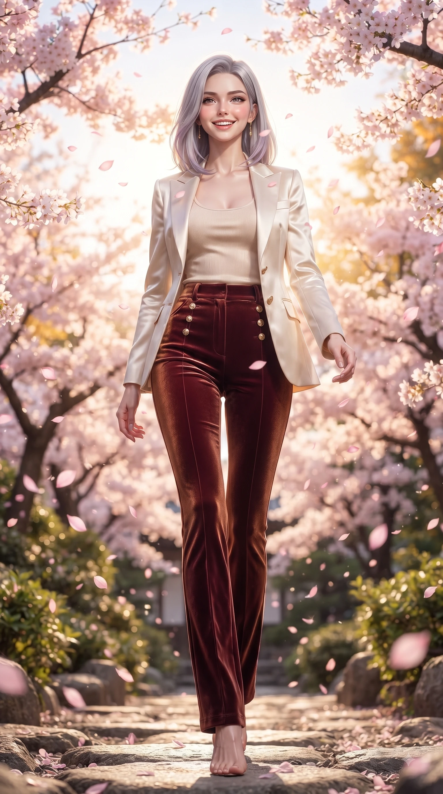 score_9, masterpiece, best quality, ultra-detailed, high-budget anime keyframe, editorial fashion photography, tasteful artistic composition, Caucasian woman. low angle full-body shot from head to toe showing her feet, filling the entire 9:16 vertical frame with her statuesque presence, stretching her vertical silhouette. walking forward in a proud dynamic stride with a cheerful beaming smile, her vertical silhouette filling the frame while pivoting dynamically with a beaming smile as delicate pink sakura petals shower around her. The surrounding environment is rendered in vivid detail and crisp panoramic clarity. vibrant spring sunlight scattering through blooming flower arches with high clarity. She has an absolutely perfect, statuesque 8.5-heads proportion, an exceptionally tall and slender model-like female figure with impossibly long slender legs and an ultra-slim waist. sharp v-shaped jawline, high-bridge nose, intricate jewel-like eyes with depth, thick eyelashes, glossy lips with a natural sheen, flawlessly proportioned anatomical accuracy, natural body alignment, perfectly sculpted elegant limbs, clean dynamic posture without body distortion. wearing a tailored cream silk blazer over a fitted scoop-neck camisole and slacks in deep burgundy red and bronze accent, made of lustrous stretch velvet, adorned with delicate gold buttons along the front, the glove-like fit emphasizing her statuesque silhouette during motion. bathed in bright morning sunbeams and warm golden sakura backlighting. ultra-reflective glossy finish, specular highlights, metallic sheen, high-contrast stereoscopic depth, volumetric dynamic lighting, 2k, ultra detail, master piece, 9:16 ratio