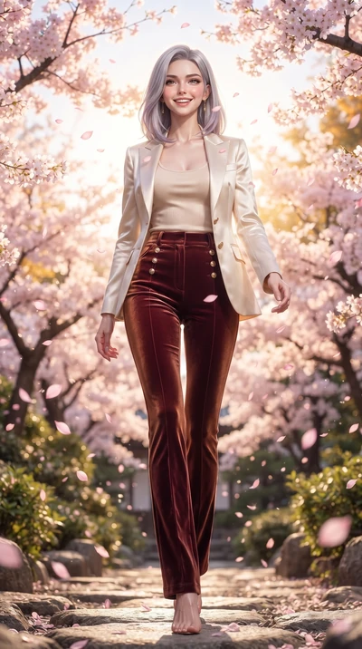 score_9, masterpiece, best quality, ultra-detailed, high-budget anime keyframe, editorial fashion photography, tasteful artistic composition, Caucasian woman. low angle full-body shot from head to toe showing her feet, filling the entire 9:16 vertica