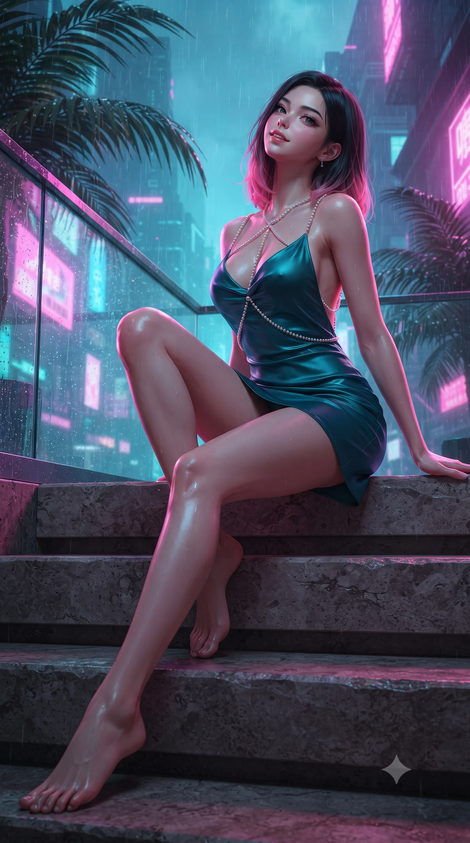 score_9, masterpiece, best quality, ultra-detailed, high-budget anime keyframe, editorial fashion photography, tasteful artistic composition, Korean woman. low angle full-body shot from head to toe showing her feet, filling the entire 9:16 vertical frame with her statuesque presence, stretching her vertical silhouette. sitting poised on the stone steps with one knee bent, arching her spine with supermodel elegance as she glances upward through thick eyelashes while standing tall on the cantilevered glass terrace high above the rainy neon city, arching her back with breathless cyber-siren presence. The background shows a soft-focus wet tropical palm leaves softened in cinematic cyberpunk shallow focus. She has an absolutely perfect, statuesque 8.5-heads proportion, an exceptionally tall and slender model-like female figure with impossibly long slender legs, an ultra-slim waist, a flat toned midriff, narrow delicate ribcage, and beautifully sculpted feminine hips creating a graceful, slim hourglass silhouette without any bulky heaviness. sharp v-shaped jawline, high-bridge nose, sparkling eyes with hypnotic seductive depth, thick curled eyelashes, glossy parted lips with a natural dewy peach sheen, alluring bedroom-eyes with an enchanting coquettish smile, exuding magnetic siren charisma and sophisticated glamour, flawlessly proportioned anatomical accuracy, strict slender model proportions, natural body alignment, perfectly sculpted long slender limbs, ultra-slim waistline, clean dynamic posture without body distortion. wearing a low-cut draped cowl-back satin slip mini dress with dainty pearl spaghetti straps in deep peacock teal and burnished antique brass, crafted from fluid liquid silk satin that clings smoothly to every curve with a dewy sheen, accented with a pearl-drop body harness subtly framing her dewy collarbones and spine, the liquid-tight tailored fabric clinging flawlessly to her narrow waist and rounded feminine hips, emphasizing every millimeter of her sculpted slim hourglass curves without any bulky heaviness. bathed in saturated dual-tone neon pink and cyan light spilling horizontally from city-scale holographic projections. ultra-reflective glossy finish, specular highlights, rich textural contrasts, high-contrast stereoscopic depth, volumetric dynamic lighting, 2k, ultra detail, master piece, 9:16 ratio