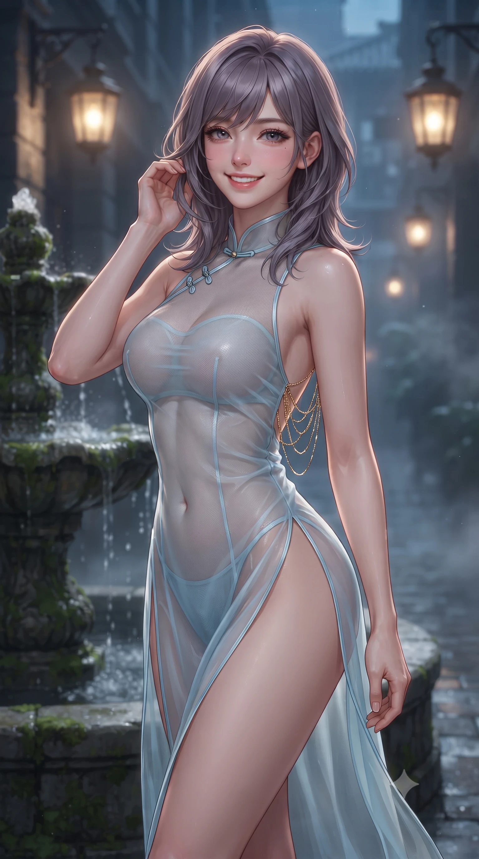 score_9, masterpiece, best quality, ultra-detailed, high-budget anime keyframe, editorial fashion photography, tasteful artistic composition, Japanese woman. close-up cowboy shot from the waist and thighs up, the character dominates the composition, filling the frame with her large presence. gently brushing a lock of hair behind her ear while casting a playful, flirtatious side-gaze with long eyelashes while twisting her slender torso in an alluring S-curve beside the mossy stone fountain, warm lantern light and evening mist tracing her flat midriff. The background shows a soft-focus hanging brass gas lanterns softened in romantic colonial Shanghai nocturnal romance shallow focus. She has an exceptionally elegant, slender, and willowy female figure with an ultra-slim waist, flat toned midriff, narrow ribcage, and sculpted feminine hips creating an alluring, slim hourglass silhouette without bulk. sharp v-shaped jawline, high-bridge nose, intricate jewel-like sparkling eyes with depth, thick eyelashes, glossy parted lips with a natural peach sheen, bright cheerful beaming smile with an enchanting and coquettish sensual glint, exuding both youthful cute charm and seductive allure, flawlessly proportioned anatomical accuracy, strict slender model proportions, natural body alignment, perfectly sculpted long slender limbs, ultra-slim waistline, clean dynamic posture without body distortion. wearing a provocative sheer silk organza modern qipao dress with dramatic hip-high side slits and translucent mesh frog-button bodice in Tromsø icy arctic blue and frosted platinum, made of sheer gossamer chiffon that drapes softly against skin with airy translucence, accented with an open-back drape framed by falling strands of delicate gold chains, the liquid-tight tailored fabric clinging flawlessly to her narrow waist and rounded feminine hips, emphasizing every millimeter of her sculpted slim hourglass curves without any bulky heaviness. illuminated by wet paver reflection bounce and sharp copper-gold rim lights defining her dewy collarbones, ultra-slim waist, and curvy hips. ultra-reflective glossy finish, specular highlights, rich textural contrasts, high-contrast stereoscopic depth, volumetric dynamic lighting, 2k, ultra detail, master piece, 9:16 ratio