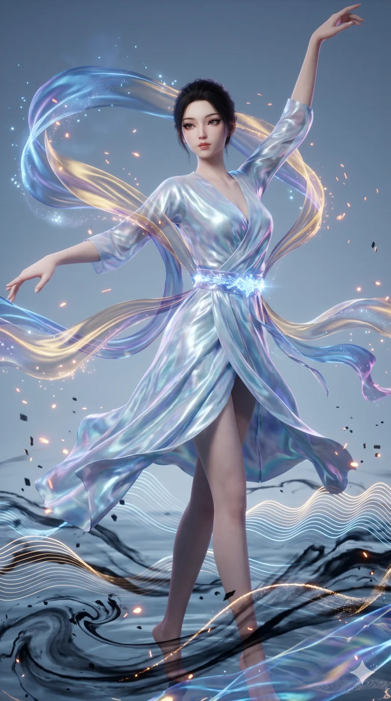 score_9, masterpiece, best quality, ultra-detailed, Semi-realistic 3D Game Render, high-fidelity character model, intricate textures, dynamic particle effects, Unreal Engine 5 aesthetic, crisp 3D depth, Japanese woman with delicate and elegant anime-inspired features. Medium shot from the thighs up, her commanding presence occupying two-thirds of the frame. Dancing amidst a storm of glowing ribbons that trail behind her every movement. She has an absolutely perfect 8-heads proportion, an exceptionally tall and slender female figure with impossibly long slender legs and an ultra-slim waist, her statuesque height and towering silhouette dominating the vertical 9:16 frame. Her face is a masterpiece featuring a sharp v-shaped jawline, high-bridge nose, intricate jewel-like eyes with depth, thick eyelashes, and glossy lips with a natural sheen. She is wearing a Iridescent silk wrap-dress that flows like water, secured by a glowing crystalline belt. The scene is set in an abstract digital ocean where the water is made of flowing ink and sound waves. 2k, ultra detail, master piece, 9:16 ratio
