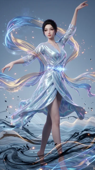 score_9, masterpiece, best quality, ultra-detailed, Semi-realistic 3D Game Render, high-fidelity character model, intricate textures, dynamic particle effects, Unreal Engine 5 aesthetic, crisp 3D depth, Japanese woman with delicate and elegant anime-