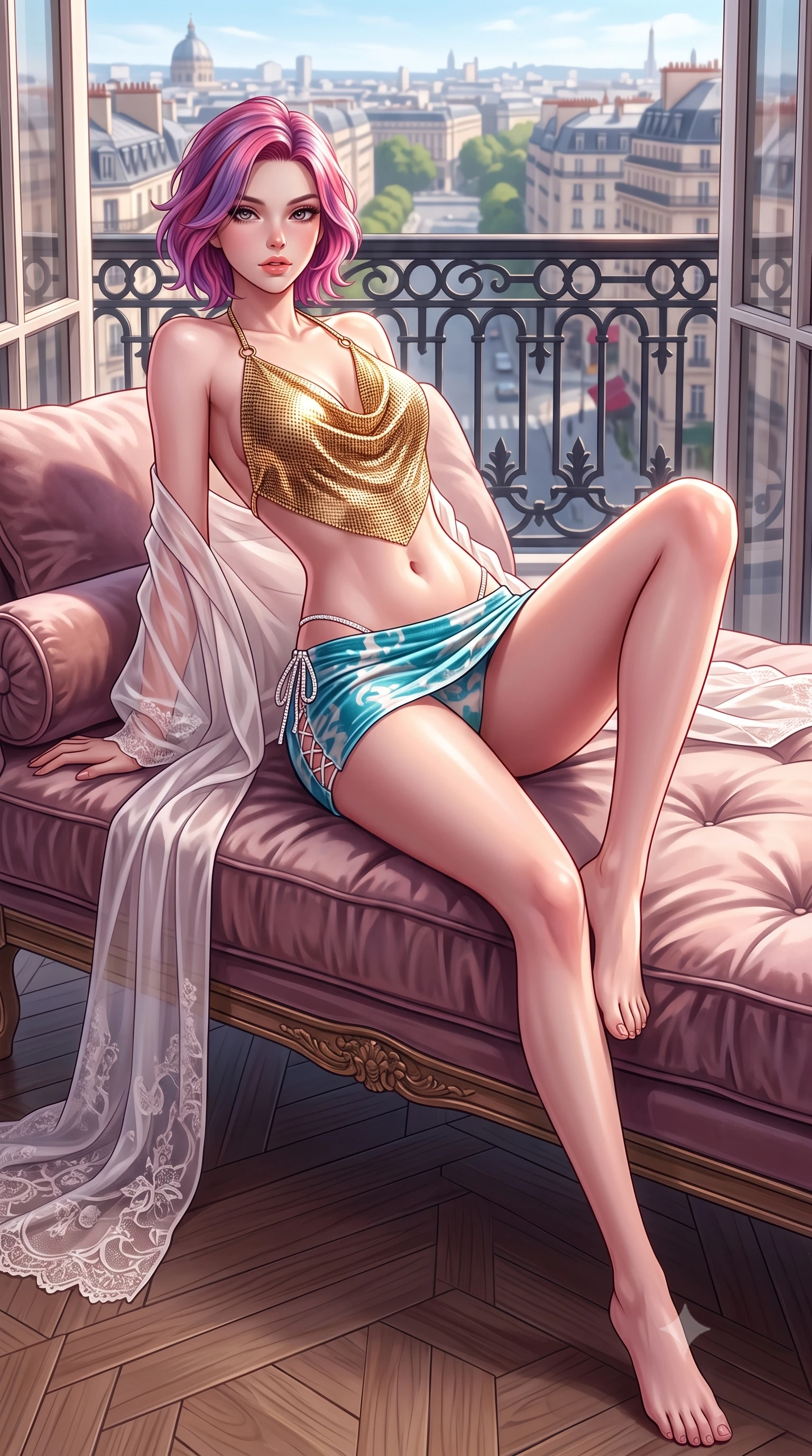 score_9, masterpiece, best quality, ultra-detailed, high-budget anime keyframe, semi-realistic 3D game render, editorial fashion photography, tasteful artistic composition, Caucasian woman. low angle full-body shot from head to toe showing her feet, filling the entire 9:16 vertical frame with her statuesque presence, stretching her vertical silhouette. leaning deep against the balcony balustrade with hips cocked back in an unapologetically alluring high-fashion stance, casting an intoxicating glance while reclining across the plush velvet daybed with one leg drawn up, her long slender legs and flat midriff radiating intimate Parisian-Monégasque luxury. The surrounding environment is rendered in vivid detail and crisp panoramic clarity: detailed delicate French Chantilly lace teddy drape, sheer silk robe slipping off shoulders, and bespoke interior craft in razor-sharp precision. She has an absolutely perfect, statuesque 8.5-heads proportion, an exceptionally tall and slender model-like female figure with impossibly long slender legs, an ultra-slim waist, a flat toned midriff, narrow delicate ribcage, and beautifully sculpted feminine hips creating a graceful, slim hourglass silhouette without any bulky heaviness. sharp v-shaped jawline, high-bridge nose, sparkling eyes with hypnotic seductive depth, thick curled eyelashes, glossy parted lips with a natural dewy peach sheen, alluring bedroom-eyes with an enchanting coquettish smile, exuding magnetic siren charisma and sophisticated glamour, flawlessly proportioned anatomical accuracy, strict slender model proportions, natural body alignment, perfectly sculpted long slender limbs, ultra-slim waistline, clean dynamic posture without body distortion. wearing a liquid gold chainmail cowl halter top paired with an ultra-low-rise velvet mini skirt and side rhinestone ties in Capri turquoise and pure pearl white, made of semi-opaque stretch illusion mesh with soft shadowy contours, featuring fine criss-cross lace-up side ties revealing tantalizing glimpses of her hip curve, the second-skin tailored fabric adhering flawlessly to her sculpted flat midriff and slender torso, emphasizing her long leg lines and perfectly proportioned willowy build. illuminated by trifold mirror reflection bounce and sharp rose-gold rim lights defining her jawline, flat midriff, and voluptuous hip curves. highly saturated vibrant anime colors, detailed shading with soft gradients, rich glossy textures, high-contrast stereoscopic depth, volumetric dynamic lighting, master piece, 9:16 ratio