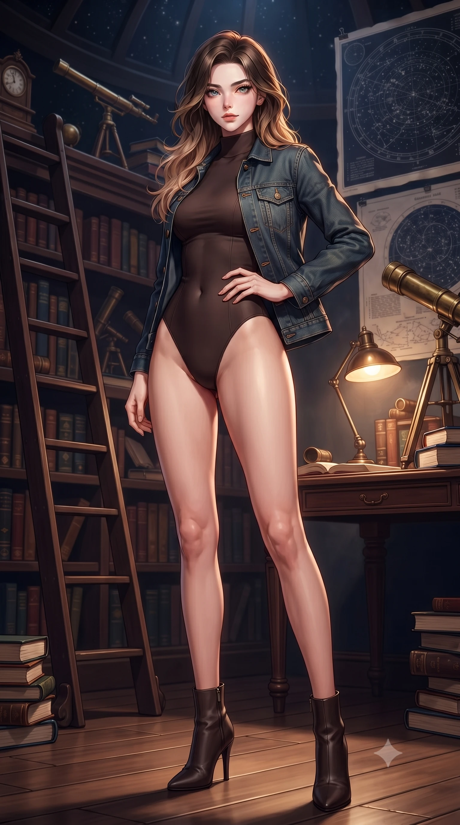 score_9, masterpiece, best quality, ultra-detailed, high-budget anime keyframe, editorial fashion photography, tasteful artistic composition, Korean woman. low angle full-body shot from head to toe showing her feet, filling the entire 9:16 vertical frame with her statuesque presence, stretching her vertical silhouette. posing confidently with one hand on her hip, stretching her statuesque body to emphasize her curves the background shows a soft-focus an astronomical observatory library with tall wooden ladders and star charts. She has an absolutely perfect, statuesque 8.5-heads proportion, an exceptionally tall and slender model-like female figure with impossibly long slender legs and an ultra-slim waist. sharp v-shaped jawline, high-bridge nose, intricate jewel-like eyes with depth, thick eyelashes, glossy lips with a natural sheen. wearing a body-hugging form-contouring high-neck bodysuit in dark brown, worn under a tailored open denim jacket. focused warm reading lamp light creating an intelligent, thoughtful mood. highly saturated vibrant anime colors, detailed shading with soft gradients, rich glossy textures, high-contrast stereoscopic depth, volumetric dynamic lighting, master piece, 9:16 ratio