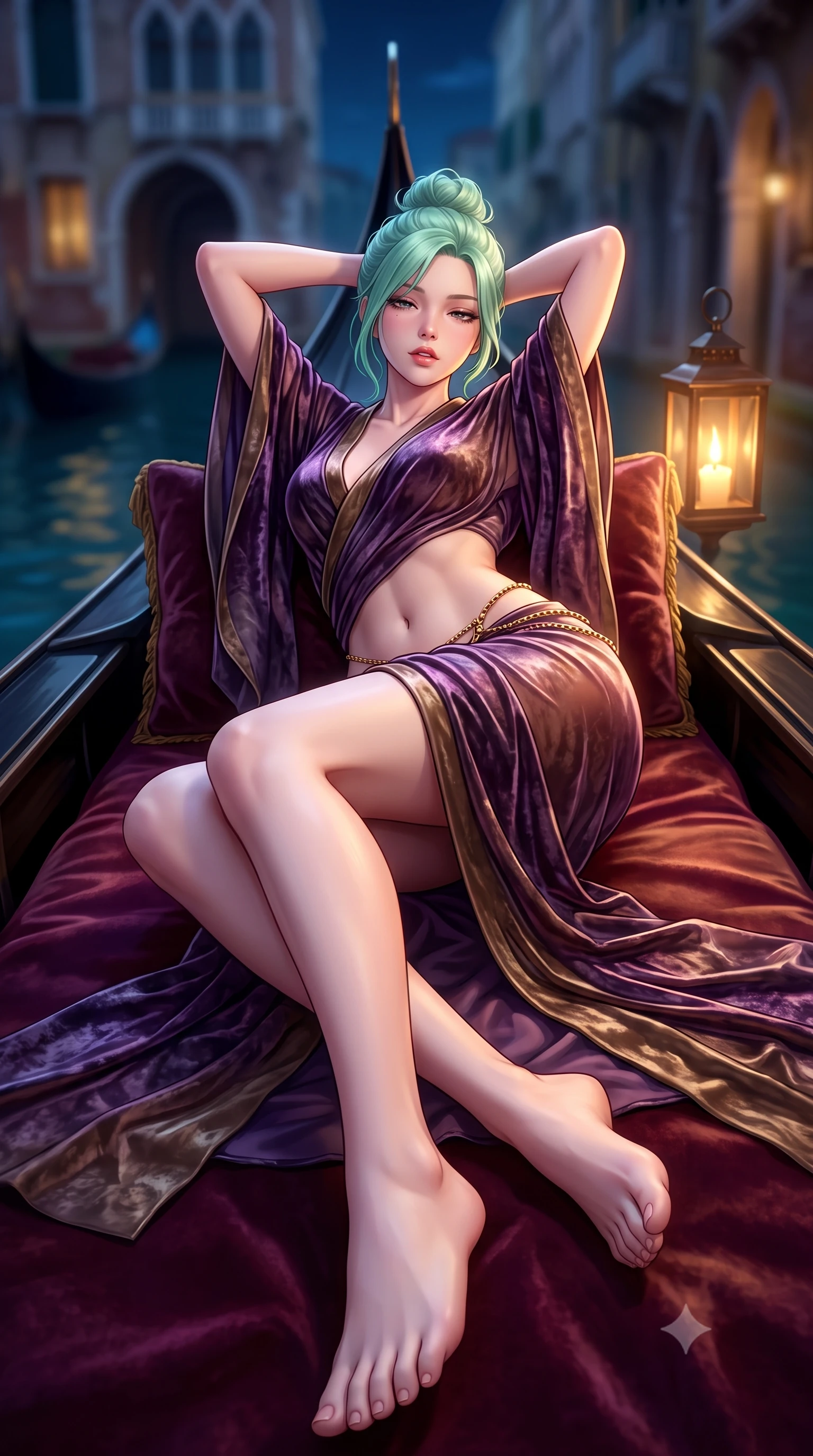 score_9, masterpiece, best quality, ultra-detailed, high-budget anime keyframe, semi-realistic 3D game render, editorial fashion photography, tasteful artistic composition, Japanese woman. low angle full-body shot from head to toe showing her feet, filling the entire 9:16 vertical frame with her statuesque presence, stretching her vertical silhouette. reclining on her side in an elegant Cleopatra pose with one knee drawn up, the dramatic contour of her rounded hips and long slender legs commanding the 9:16 vertical frame while stretching languidly on the gondola daybed with hands raised behind her head, parted glossy lips reflecting flickering lantern glow. The composition keeps background elements in soft focus with creamy bokeh. moonlit Grand Canal waters and distant Venetian palazzo arches blurred into deep sapphire, antique gold, and emerald bokeh. She has an exceptionally tall and slender model-like 8.5-heads proportion, an ultra-slim waist, a flat toned midriff, narrow delicate ribcage, and beautifully sculpted feminine hips creating a graceful, slim hourglass silhouette without any bulky heaviness, with impossibly long slender legs. sharp v-shaped jawline, high-bridge nose, intricate jewel-like eyes with depth, thick eyelashes, glossy parted lips with a natural sheen, intensely captivating and seductive bedroom-eyes expression, flawlessly proportioned anatomical accuracy, strict slender model proportions, natural body alignment, perfectly sculpted long slender limbs, ultra-slim waistline, clean dynamic posture without body distortion. wearing a delicate semi-translucent silk yukata that clings to her wet skin and curvy hip contours in deep plum violet and antique bronze, crafted from heavyweight crushed silk velvet with liquid vintage luster, accented with a delicate gold chain belt resting loosely on her curvy hips, the second-skin form-contouring cut accentuating her sculpted flat midriff, narrow delicate ribcage, and gracefully curvy hips with supermodel precision. surrounded by an aristocratic, scandalous, and breathlessly captivating Venetian siren aura. highly saturated vibrant anime colors, detailed shading with soft gradients, rich glossy textures, high-contrast stereoscopic depth, volumetric dynamic lighting, master piece, 9:16 ratio
