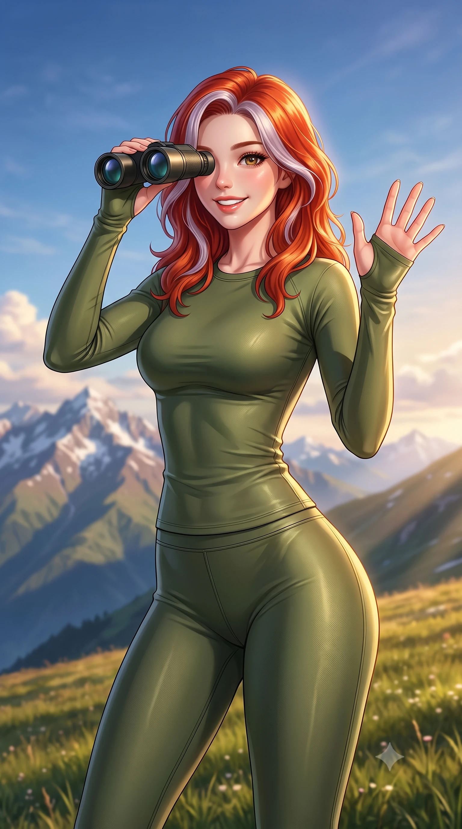 score_9, masterpiece, best quality, ultra-detailed, high-budget anime keyframe, editorial fashion photography, tasteful artistic composition, Caucasian woman. close-up cowboy shot from the waist and thighs up, the character dominates the composition, filling the frame with her large presence, background elements kept in soft focus. flashing a sweet, beaming smile while waving one hand gently toward the camera set against a soft-focus background of on a wide grassy meadow high up on a mountain plateau under a blue sky looking through a pair of binoculars with a happy, excited expression. She has an exceptionally elegant, slender, and willowy female figure with an ultra-slim waist, a gracefully sculpted slender torso, and a refined silhouette. sharp v-shaped jawline, high-bridge nose, intricate jewel-like eyes with depth, thick eyelashes, glossy lips with a natural sheen. wearing form-contouring tight-fitting athletic long-sleeve top in olive green, paired with form-contouring leggings. golden hour sunset light casting long shadows of mountain peaks across the slope. highly saturated vibrant anime colors, detailed shading with soft gradients, rich glossy textures, high-contrast stereoscopic depth, volumetric dynamic lighting, master piece, 9:16 ratio
