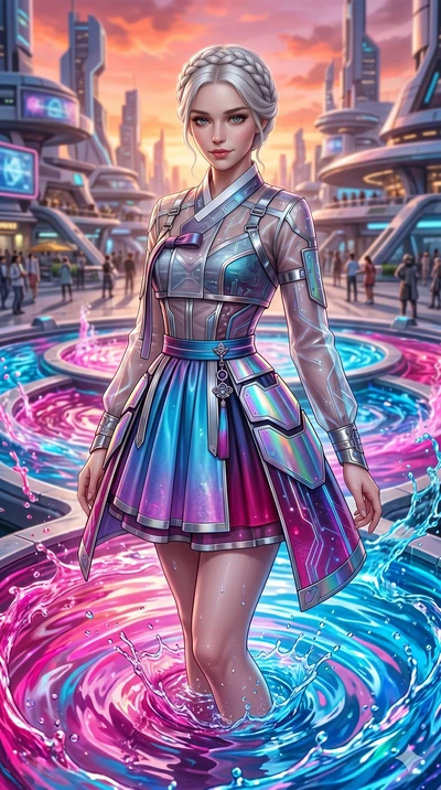 score_9, masterpiece, best quality, ultra-detailed, Set A: Photorealistic 8k CG, Japanese woman. Upper body close-up from the thighs up, character filling the screen for maximum presence. Standing in a fountain of colorful liquid in a futuristic plaz