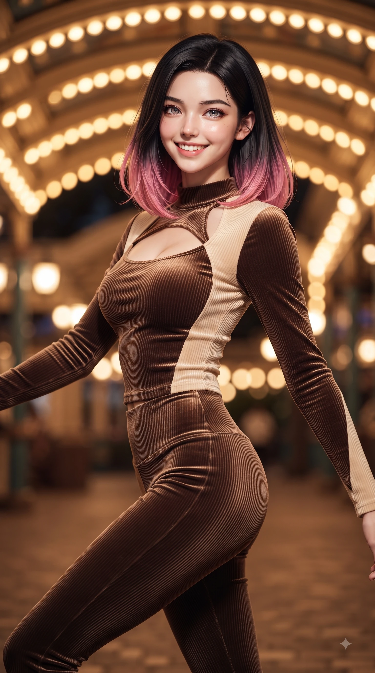 score_9, masterpiece, best quality, ultra-detailed, high-budget anime keyframe, editorial fashion photography, tasteful artistic composition, Korean woman. close-up cowboy shot from the waist and thighs up, the character dominates the composition, filling the frame with her large presence, background elements kept in soft focus. Radiant bright smile with sparkling eyes directed right into the lens, her torso turning in a dynamic S-curve alignment while stepping happily down a lit amusement park avenue surrounded by glowing light bulbs, thousands of warm vintage light bulbs casting glowing golden circles in soft bokeh. She has an exceptionally elegant, slender, and willowy female figure with an ultra-slim waist, a gracefully sculpted slender torso, and a refined silhouette. sharp v-shaped jawline, high-bridge nose, intricate jewel-like eyes with depth, thick eyelashes, glossy lips with a natural sheen, flawlessly proportioned anatomical accuracy, natural body alignment, perfectly sculpted elegant limbs, clean dynamic posture without body distortion. wearing a form-fitting ribbed activewear set with elegant collar cutouts in espresso brown and warm cream, made of premium stretch velvet with a rich sheen, accented with a Tasteful chest slit framing her clavicle gracefully, the form-contouring material highlighting her ultra-slim waist and long lines. surrounded by a bright, magical theme park ambiance with rich specular glow. ultra-reflective glossy finish, specular highlights, metallic sheen, high-contrast stereoscopic depth, volumetric dynamic lighting, 2k, ultra detail, master piece, 9:16 ratio