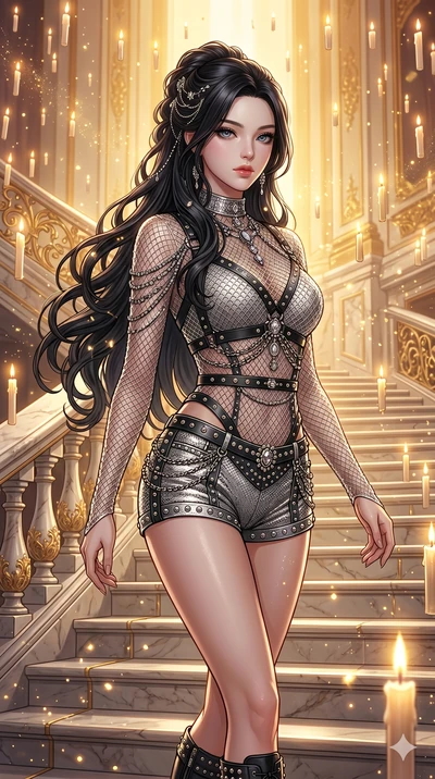 score_9, masterpiece, best quality, ultra-detailed, Set C: High-budget Anime Keyframe, Korean woman. Upper body close-up from the thighs up, character filling the screen for maximum presence. Descending a grand marble staircase in a palace filled wit