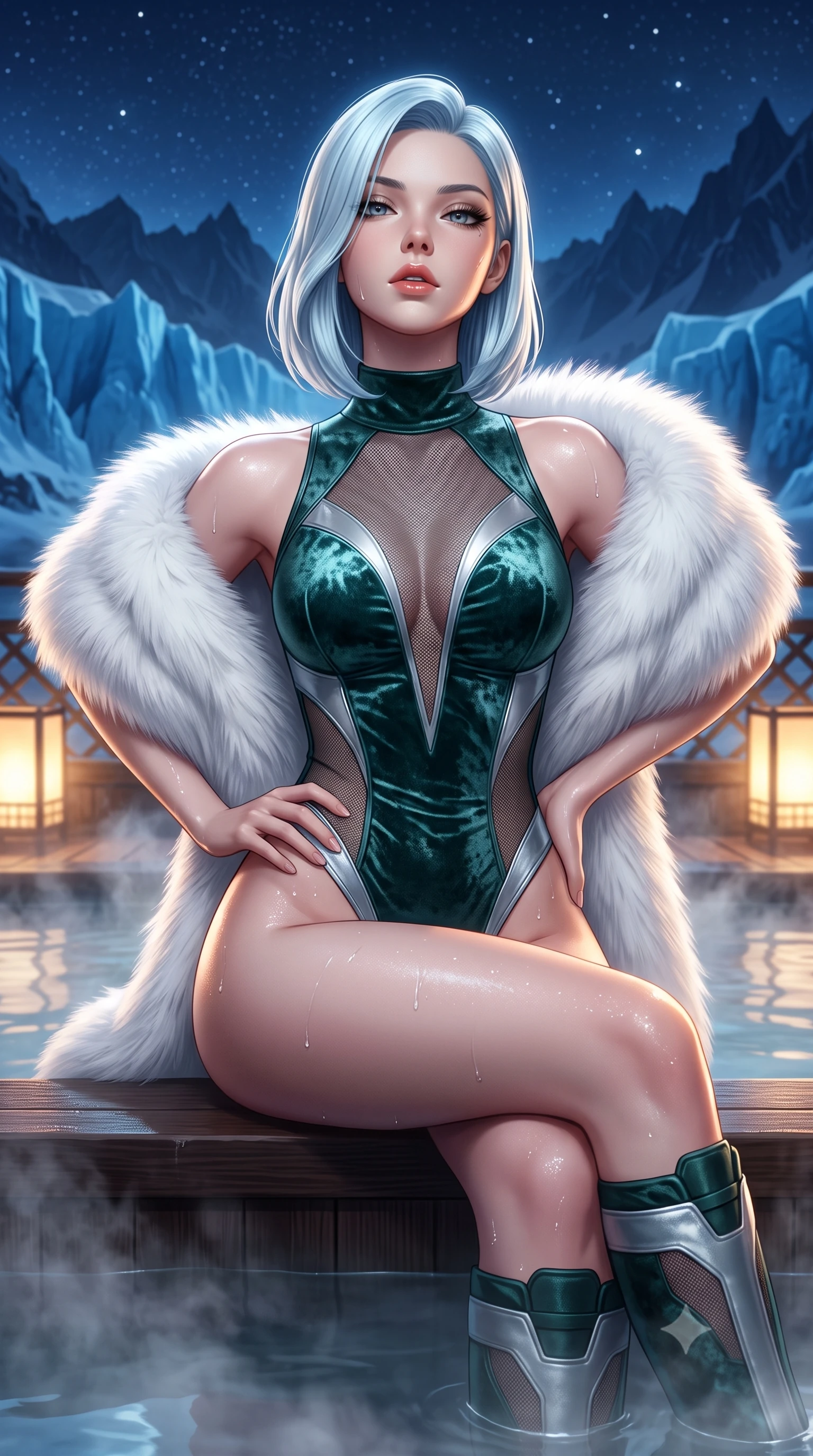 score_9, masterpiece, best quality, ultra-detailed, high-budget anime keyframe, semi-realistic 3D game render, editorial fashion photography, tasteful artistic composition, Korean woman. close-up cowboy shot from the waist and thighs up, the character dominates the composition, filling the frame with her large presence. tilting her chin up with proud, sovereign allure while gazing through thick eyelashes with an irresistible, dangerous bedroom-gaze while sitting on the cedar edge of a steaming outdoor onsen overlooking blue midnight glaciers, one hand resting on her bare hip. The surrounding environment is rendered in vivid detail and crisp panoramic clarity. detailed mountain ridge silhouettes, glowing lantern lattice, and wet skin highlights in high clarity. She has an exceptionally elegant, slender, and willowy female figure with an ultra-slim waist, a gracefully sculpted slender torso, toned flat midriff, and a refined slim silhouette. sharp v-shaped jawline, high-bridge nose, intricate jewel-like eyes with depth, thick eyelashes, glossy parted lips with a natural sheen, intensely captivating and seductive expression, flawlessly proportioned anatomical accuracy, strict slender model proportions, natural body alignment, perfectly sculpted long slender limbs, ultra-slim waistline, clean dynamic posture without body distortion. wearing a cutout polar techwear bodysuit with sheer thermal mesh panels and snow gaiter boots in deep spruce green and liquid silver, crafted from crushed silk velvet with liquid frost-like luster, complemented by an opulent white fox-fur stole draped loosely over her shoulders, the liquid-tight tailored fabric emphasizing every curve of her tall, slender model proportions and sculptured silhouette during dynamic movement. illuminated by wet specular highlights accentuating her slender neckline, sculpted waist, and curves. highly saturated vibrant anime colors, detailed shading with soft gradients, rich glossy textures, high-contrast stereoscopic depth, volumetric dynamic lighting, master piece, 9:16 ratio