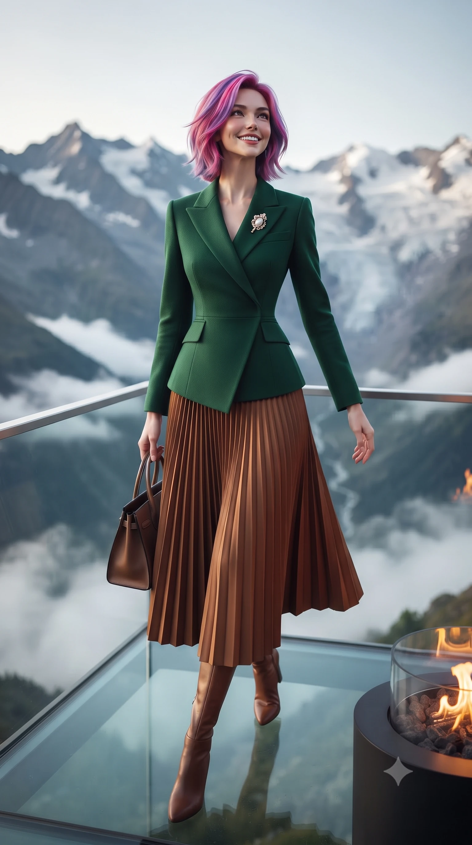 score_9, masterpiece, best quality, ultra-detailed, high-budget anime keyframe, editorial fashion photography, tasteful artistic composition, Caucasian woman. low angle full-body shot from head to toe showing her feet, filling the entire 9:16 vertical frame with her statuesque presence, stretching her vertical silhouette. walking briskly with tall supermodel strides, one hand holding her leather bag and the other swinging with energetic charm while standing poised on the heated glass cantilevered viewing deck jutting over the alpine valley, opening her coat slightly with a breathtaking smile. The background shows a soft-focus endless jagged peaks of the Bernina mountain range, swirling cloud inversions in the valley below, and dazzling sunlit glaciers blurred into sapphire, stark white, and platinum bokeh. She has an exceptionally tall and slender model-like 8.5-heads proportion, an ultra-slim waist, a flat toned midriff, narrow delicate ribcage, and beautifully sculpted feminine hips creating a graceful, slim hourglass silhouette without any bulky heaviness, with impossibly long slender legs. sharp v-shaped jawline, high-bridge nose, intricate jewel-like sparkling eyes with depth, thick eyelashes, glossy parted lips with a natural peach sheen, bright cheerful beaming smile with an enchanting and coquettish sensual glint, exuding both youthful cute charm and seductive allure, flawlessly proportioned anatomical accuracy, strict slender model proportions, natural body alignment, perfectly sculpted long slender limbs, ultra-slim waistline, clean dynamic posture without body distortion. wearing an asymmetrical-wrap tailored wool jacket with clean geometric lines paired with a structured pleated maxi skirt in heritage British racing green and warm cognac brown, crafted from ultra-soft Mongolian cashmere with exquisite insulating warmth and tactile softness, complemented by an antique baroque pearl brooch pinned tastefully on the lapel, the sharp shoulder tailoring and gently nipped waist framing her slender torso with pristine sartorial perfection. illuminated by crisp platinum rim lights and soft fire pit warmth sculpting her cheekbones, narrow waist, and athletic statuesque build. ultra-reflective glossy finish, specular highlights, rich textural contrasts, high-contrast stereoscopic depth, volumetric dynamic lighting, 2k, ultra detail, master piece, 9:16 ratio