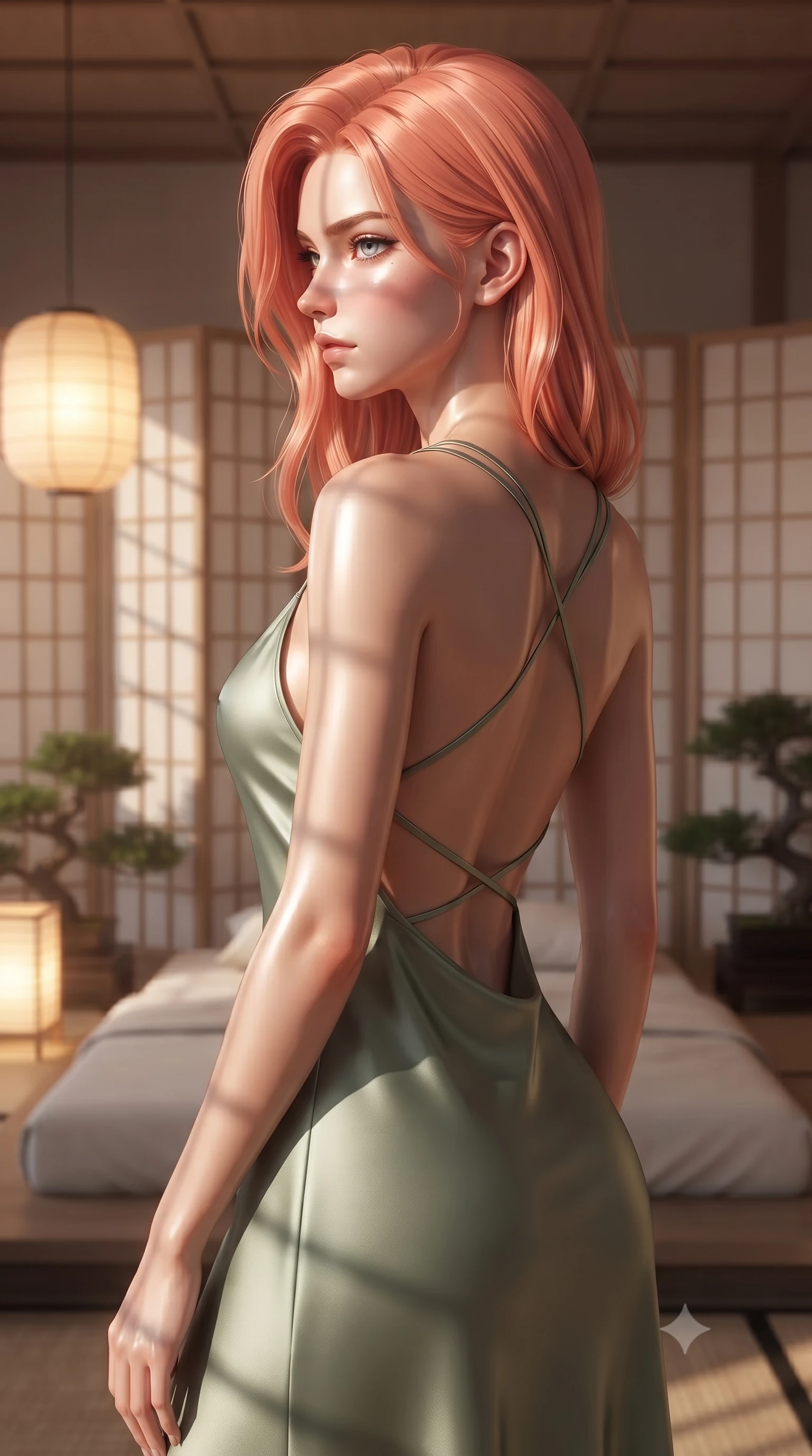 score_9, masterpiece, best quality, ultra-detailed, high-budget anime keyframe, editorial fashion photography, tasteful artistic composition, Japanese woman woman. close-up cowboy shot from the waist and thighs up, the character dominates the composition, filling the frame with her large presence, background elements kept in soft focus. turning her face in sharp profile, casting a cold, mysterious, yet intensely alluring side gaze, the background shows a soft-focus a modern bedroom decorated with folding paper screens and bonsai plants. She has an exceptionally elegant, slender, and willowy female figure with an ultra-slim waist, a gracefully sculpted slender torso, and a refined silhouette. sharp v-shaped jawline, high-bridge nose, intricate jewel-like eyes with depth, thick eyelashes, glossy lips with a natural sheen. wearing a tailored lightweight silk sundress in sage green with a dramatic open-back and thin criss-cross straps. warm glowing paper lanterns casting soft, diffused grid-like shadow lines. ultra-reflective glossy finish, specular highlights, metallic sheen, high-contrast stereoscopic depth, volumetric dynamic lighting, 2k, ultra detail, master piece, 9:16 ratio