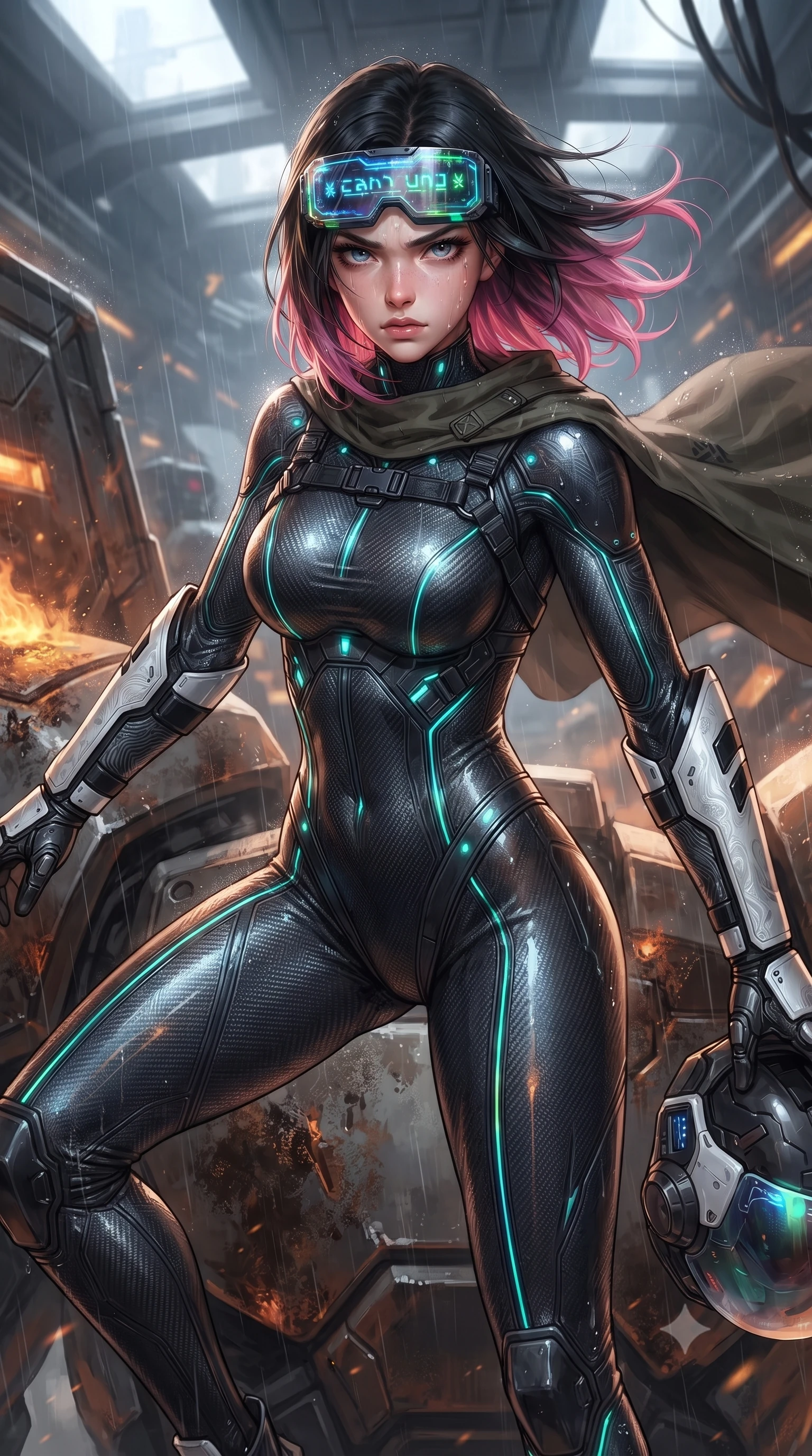 score_9, masterpiece, best quality, ultra-detailed, high-budget anime keyframe, editorial fashion photography, tasteful artistic composition, Korean woman. close-up cowboy shot from the waist and thighs up, the character dominates the composition, filling the frame with her large presence. tilting her head slightly with solemn warrior composure, sweat and rain glistening on her sculpted collarbones and high-bridge nose while stepping along the giant mech's shoulder armor with wind whipping through her dark hair and tactical cape. The surrounding environment is rendered in vivid detail and crisp panoramic clarity. detailed carbon helmet shell textures, transparent visor reflections, and scorched titanium armor plates in deep focus. She has an exceptionally elegant, slender, and willowy female figure with an ultra-slim waist, a gracefully sculpted slender torso, toned flat midriff, and a refined slim silhouette. sharp v-shaped jawline, high-bridge nose, intricate jewel-like eyes with depth, thick eyelashes, glossy lips with a natural sheen, fierce and resolute heroine expression, flawlessly proportioned anatomical accuracy, strict slender model proportions, natural body alignment, perfectly sculpted long slender limbs, ultra-slim waistline, clean dynamic posture without body distortion. wearing high-tech holographic tactical goggles resting tipped up on her forehead, casting glowing neon runes across her brow without obscuring her features, paired with a skin-tight dark carbon-weave combat bodysuit with glowing neon energy conduits and reinforced Damascus-pattern forearm strike guards in monochrome white enamel carbon with high-contrast black tactical panels, crafted from semi-translucent cybernetic carbon-vinyl interwoven with glowing micro-filaments, complemented by criss-cross back harness straps highlighting her completely bare spine, the form-contouring material adhering flawlessly to her sculpted flat midriff and slender torso, emphasizing her long leg lines and perfectly proportioned willowy build. bathed in glowing amber reactor fire uplights and cool overcast skylight fill. ultra-reflective glossy finish, specular highlights, dark metallic sheen, high-contrast stereoscopic depth, volumetric dynamic lighting, 2k, ultra detail, master piece, 9:16 ratio