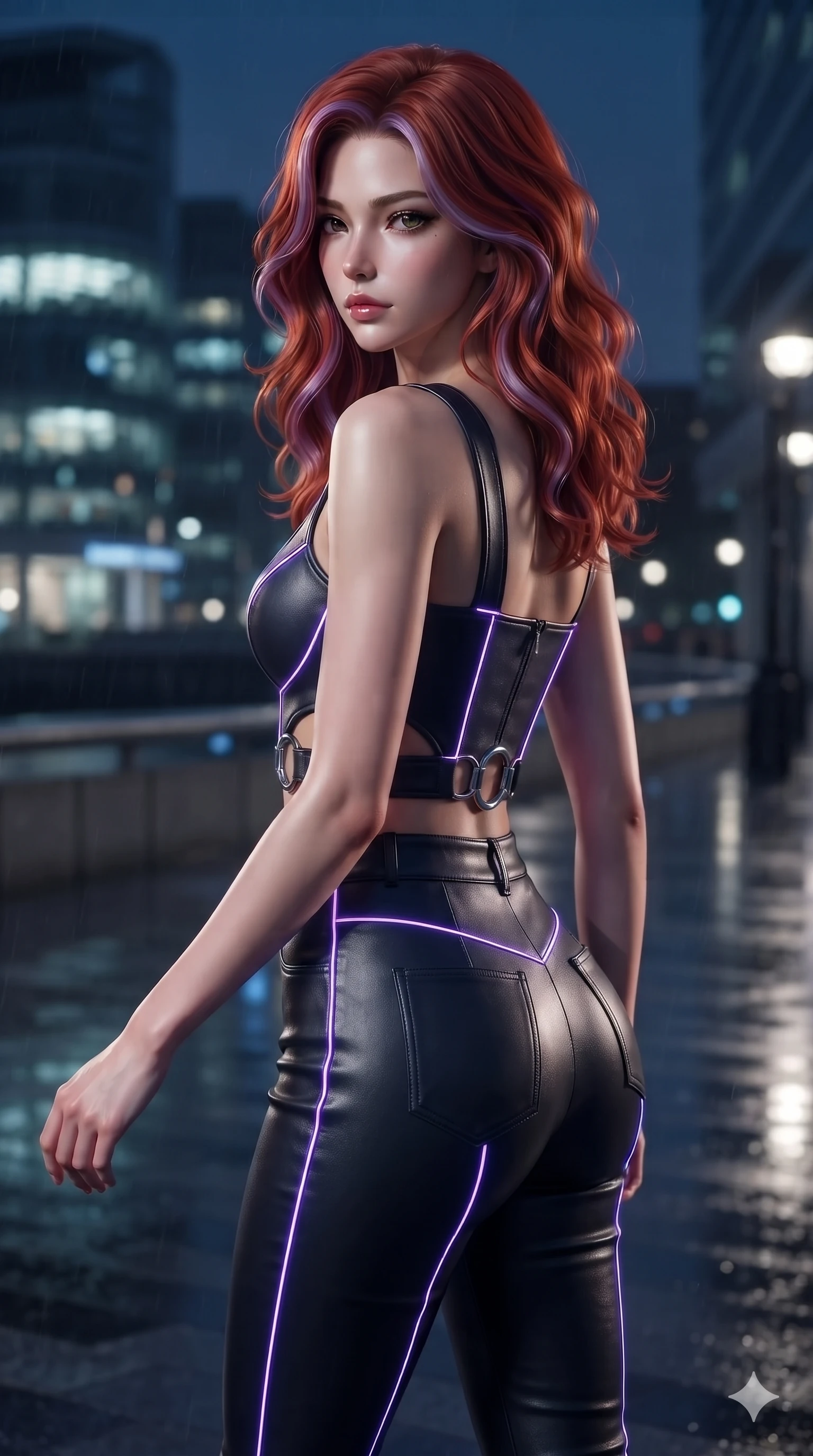 score_9, masterpiece, best quality, ultra-detailed, high-budget anime keyframe, editorial fashion photography, tasteful artistic composition, Caucasian woman. close-up cowboy shot from the waist and thighs up, the character dominates the composition, filling the frame with her large presence. posing in an alluring rear three-quarter angle, turning over a bare shoulder with an intoxicating, smoldering gaze, her hips cocked back to highlight her slim hourglass curve while walking along the illuminated riverwalk with hypnotic grace, hips swaying in an alluring sensual rhythm that accentuates her curvy silhouette. The background shows a soft-focus modern London riverbank softened in urban nocturnal shallow focus. She has an exceptionally elegant, slender, and willowy female figure with an ultra-slim waist, flat toned midriff, narrow ribcage, and sculpted feminine hips creating an alluring, slim hourglass silhouette without bulk. sharp v-shaped jawline, high-bridge nose, intricate jewel-like dark sparkling eyes with dangerous depth, thick curled eyelashes, glossy parted lips with a rich wine sheen, smoldering seductive half-smile with bedroom-eyes, exuding effortless superiority and intoxicating dark allure, flawlessly proportioned anatomical accuracy, strict slender model proportions, natural body alignment, perfectly sculpted long slender limbs, ultra-slim waistline, clean dynamic posture without body distortion. wearing a cropped structured bodice top paired with ultra-fitted high-waisted leather trousers tracing her hips in ultraviolet neon and dark rain-soaked shadow tones, made of supple butter-soft lambskin leather with a subtle satin sheen, accented with sculptural chrome hardware rings framing the subtle cutouts, the bespoke structured tailoring following the natural line of her 8.5-heads silhouette with refined elegance. illuminated by wet pavement bounce and sharp sapphire-cyan rim lights defining her razor-sharp jawline, narrow waist, and curvy hips. ultra-reflective glossy finish, specular highlights, rich textural contrasts, high-contrast stereoscopic depth, volumetric dynamic lighting, 2k, ultra detail, master piece, 9:16 ratio