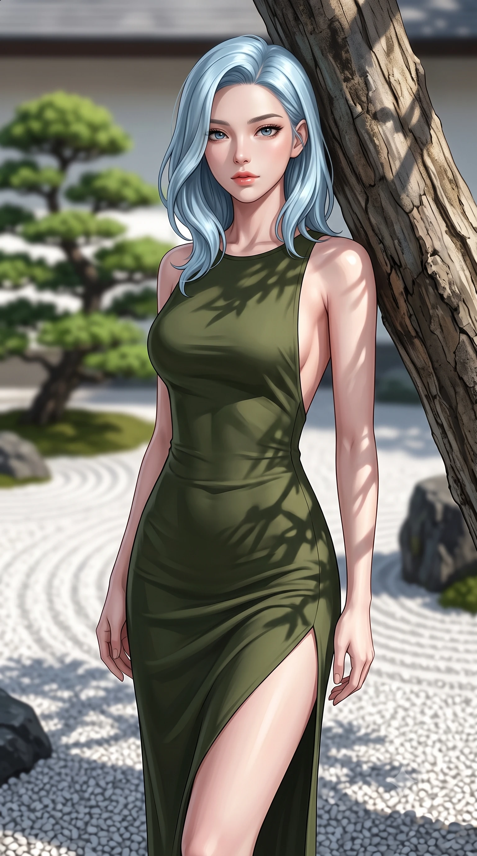score_9, masterpiece, best quality, ultra-detailed, high-budget anime keyframe, editorial fashion photography, tasteful artistic composition, Korean woman woman. close-up cowboy shot from the waist and thighs up, the character dominates the composition, filling the frame with her large presence, background elements kept in soft focus. standing relaxed against a tree trunk, sharing a quiet, serene moment with the viewer the background shows a soft-focus a white raked gravel courtyard with structured green bonsai trees and dark stones. She has an exceptionally elegant, slender, and willowy female figure with an ultra-slim waist, a gracefully sculpted slender torso, and a refined silhouette. sharp v-shaped jawline, high-bridge nose, intricate jewel-like eyes with depth, thick eyelashes, glossy lips with a natural sheen. wearing a slim-fit dramatic open-back maxi dress in olive green, featuring a high thigh slit. crisp morning sunlight casting sharp, clean shadows across the gravel patterns. 2k, ultra detail, master piece, 9:16 ratio