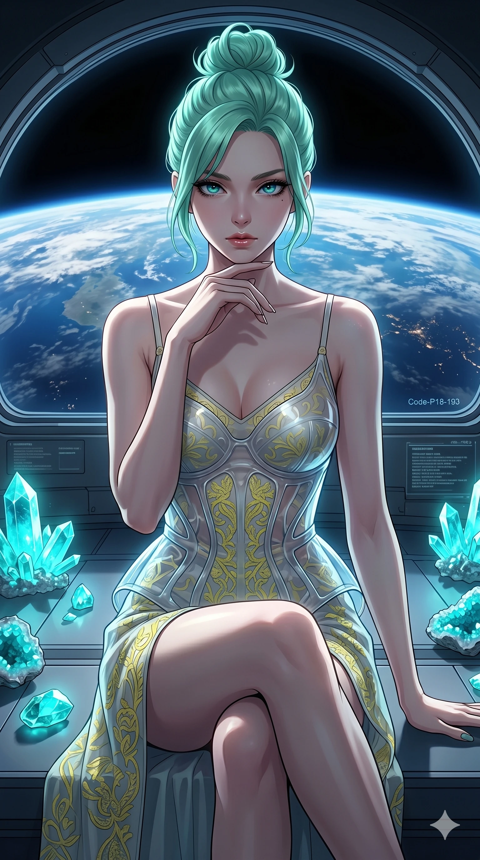 score_9, masterpiece, best quality, ultra-detailed, high-budget anime keyframe, editorial fashion photography, tasteful artistic composition, Japanese woman. cowboy shot from the thighs up, character and outfit filling the frame for maximum editorial presence. resting her chin on her fingers, casting a composed quiet, intense gaze beneath thick lashes inside a space station observatory deck showing the blue curvature of Earth (Code-P18-193). She has an absolutely perfect 8-heads proportion, an exceptionally tall and slender female figure with impossibly long slender legs and an ultra-slim waist. V-shaped jawline, high-bridge nose, intricate jewel-like eyes with depth, thick eyelashes, glossy lips with a natural sheen. wearing a translucent polymer structured bodice over a yellow patterned embroidery slip dress. mystical cyan glow from the crystal geodes, creating a strong contrast with the shadow. 2k, ultra detail, master piece, 9:16 ratio