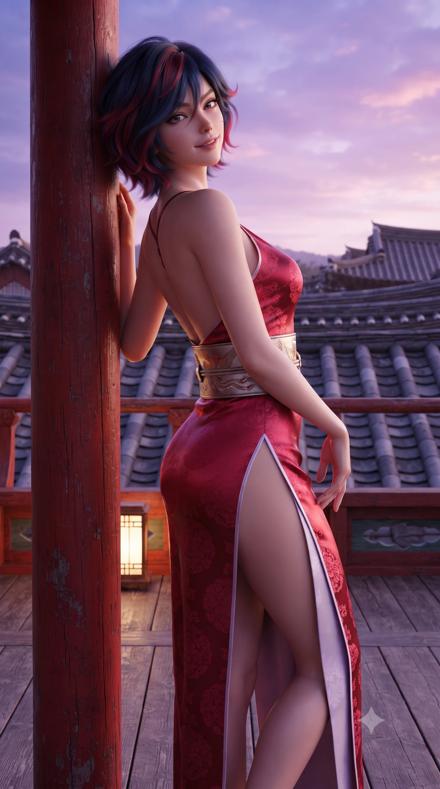 score_9, masterpiece, best quality, ultra-detailed, high-budget anime keyframe, editorial fashion photography, tasteful artistic composition, Korean woman. close-up cowboy shot from the waist and thighs up, the character dominates the composition, filling the frame with her large presence. leaning back against the red lacquer pillar with relaxed seductive grace, her flat midriff and narrow waist highlighted as warm lantern light traces her curves while standing poised on the open timber rooftop terrace overlooking sweeping waves of tiled hanok roofs, arching her back with high-fashion supermodel glamour. The surrounding environment is rendered in vivid detail and crisp panoramic clarity: sharp traditional clay roof tile patterns, timber floorboard grain, and crystal cocktail glass clarity in deep focus. She has an exceptionally elegant, slender, and willowy female figure with an ultra-slim waist, flat toned midriff, narrow ribcage, and sculpted feminine hips creating an alluring, slim hourglass silhouette without bulk. sharp v-shaped jawline, high-bridge nose, intricate jewel-like dark sparkling almond eyes with depth, thick lashes, glossy parted lips with a natural rose-plum sheen, bright alluring and coquettish smile with bedroom-eyes, exuding both timeless oriental elegance and sovereign high-fashion allure, flawlessly proportioned anatomical accuracy, strict slender model proportions, natural body alignment, perfectly sculpted long slender limbs, ultra-slim waistline, clean dynamic posture without body distortion. wearing a backless crimson silk slip dress with oriental peony jacquard and a side hip slit ascending to the high waist in frosted lilac mist and pearlescent alabaster, made of supple second-skin stretch silk jersey clinging flawlessly to her form, finished with a wide metallic obi sash with intricate embroidered phoenix motifs, the high-waisted wrap tailoring accentuating her ultra-slim waistline and the enchanting curve of her feminine hips with alluring oriental charm. bathed in glowing violet and rose-gold twilight sky radiance contrasting with warm rooftop lanterns. ultra-reflective glossy finish, specular highlights, rich textural contrasts, high-contrast stereoscopic depth, volumetric dynamic lighting, 2k, ultra detail, master piece, 9:16 ratio