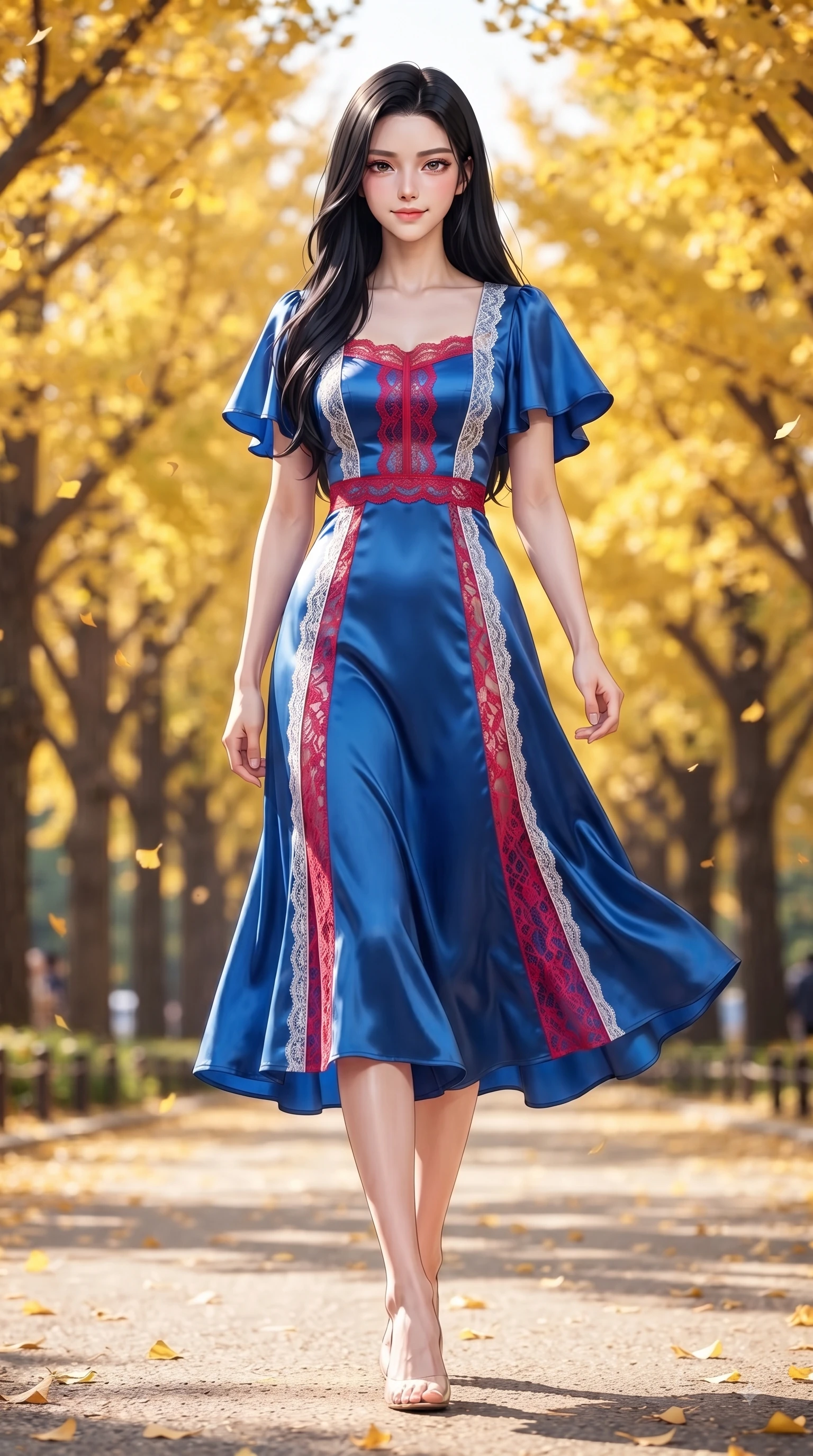 score_9, masterpiece, best quality, ultra-detailed, high-budget anime keyframe, editorial fashion photography, tasteful artistic composition, Korean woman. low angle full-body shot from head to toe showing her feet, filling the entire 9:16 vertical frame with her statuesque presence, stretching her vertical silhouette. Airy, translucent innocence with a soft subtle smile and a clear, pristine gaze into the lens while walking dynamically down a sunlit park avenue lined with golden yellow ginkgo trees. The composition keeps background elements in soft focus with dreamy bokeh. fluttering autumn leaves and sunlit park pathways softened in dreamy shallow depth. She has an absolutely perfect, statuesque 8.5-heads proportion, an exceptionally tall and slender model-like female figure with impossibly long slender legs and an ultra-slim waist. sharp v-shaped jawline, high-bridge nose, intricate jewel-like eyes with depth, thick eyelashes, glossy lips with a natural sheen, flawlessly proportioned anatomical accuracy, natural body alignment, perfectly sculpted elegant limbs, clean dynamic posture without body distortion. wearing a vivid sapphire blue satin midi dress following her statuesque figure in vibrant crimson red and crisp snow white, made of fine lace weave and soft satin jersey, featuring elegant flutter sleeves and a graceful square neckline, the fluid drape swaying gracefully with her dynamic editorial movement. surrounded by a crisp, romantic, and vibrant autumn editorial atmosphere. ultra-reflective glossy finish, specular highlights, metallic sheen, high-contrast stereoscopic depth, volumetric dynamic lighting, 2k, ultra detail, master piece, 9:16 ratio