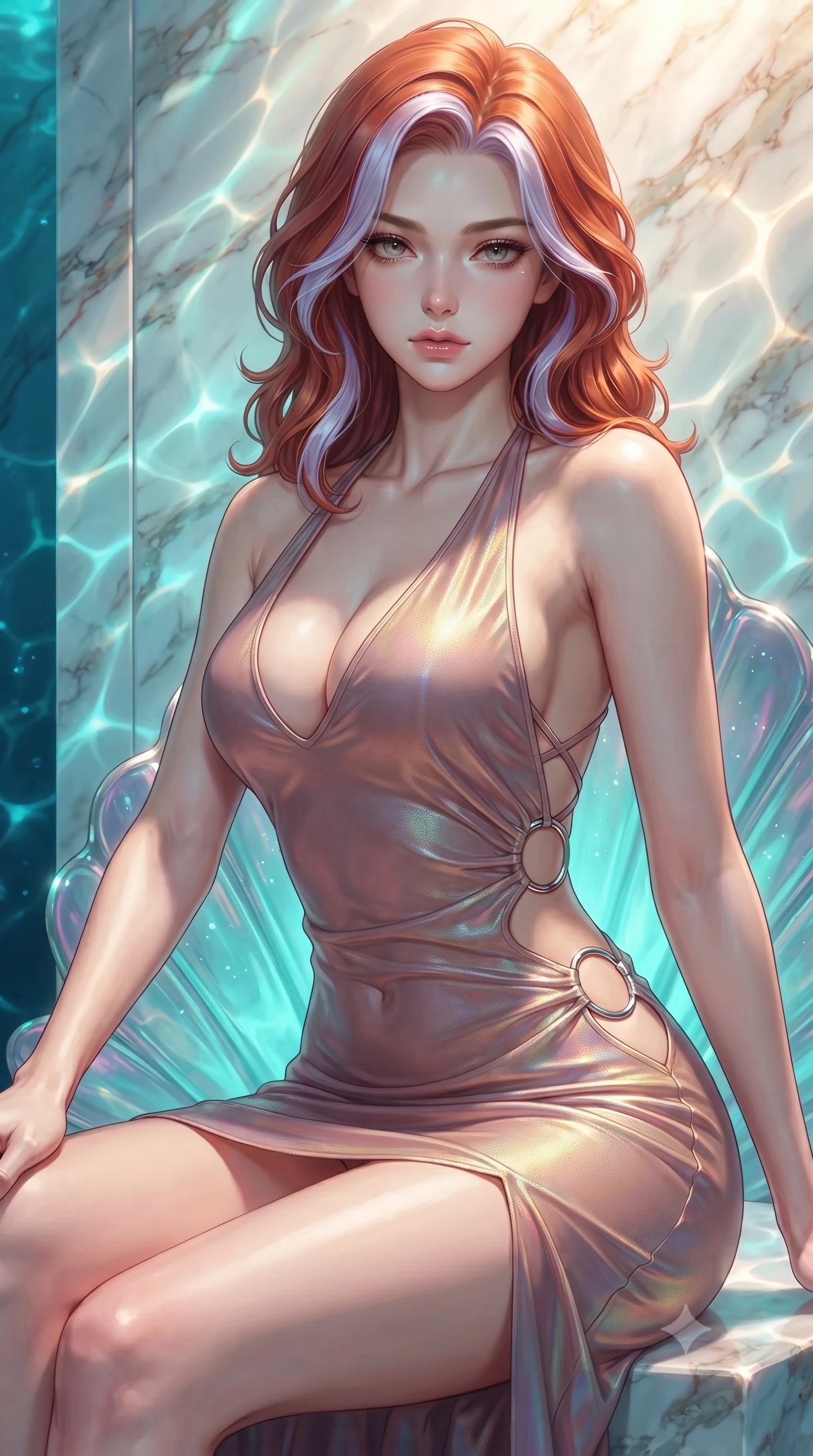 score_9, masterpiece, best quality, ultra-detailed, high-budget anime keyframe, editorial fashion photography, tasteful artistic composition, Caucasian woman. close-up cowboy shot from the waist and thighs up, the character dominates the composition, filling the frame with her large presence, background elements kept in soft focus. Leaning slightly forward with a composed, seductive gaze under soft glowing light poised on an abyssal prism shell throne bathed in sunlit ocean rays, shimmering water reflections dancing dynamically across the marble walls. She has an exceptionally elegant, slender, and willowy female figure with an ultra-slim waist, a gracefully sculpted slender torso, and a refined silhouette. sharp v-shaped jawline, high-bridge nose, intricate jewel-like eyes with depth, thick eyelashes, glossy lips with a natural sheen. wearing a deep-scoop halter bodycon dress with hip cutouts connected by silver rings in dusty rose and champagne gold, crafted from iridescent chiffon that shifts colors in the light, complemented by criss-cross back straps highlighting her bare shoulders, the form-contouring material highlighting her ultra-slim waist and long lines. illuminated by luminous aqua bioluminescence and warm golden top lighting. highly saturated vibrant anime colors, detailed shading with soft gradients, rich glossy textures, high-contrast stereoscopic depth, volumetric dynamic lighting, master piece, 9:16 ratio