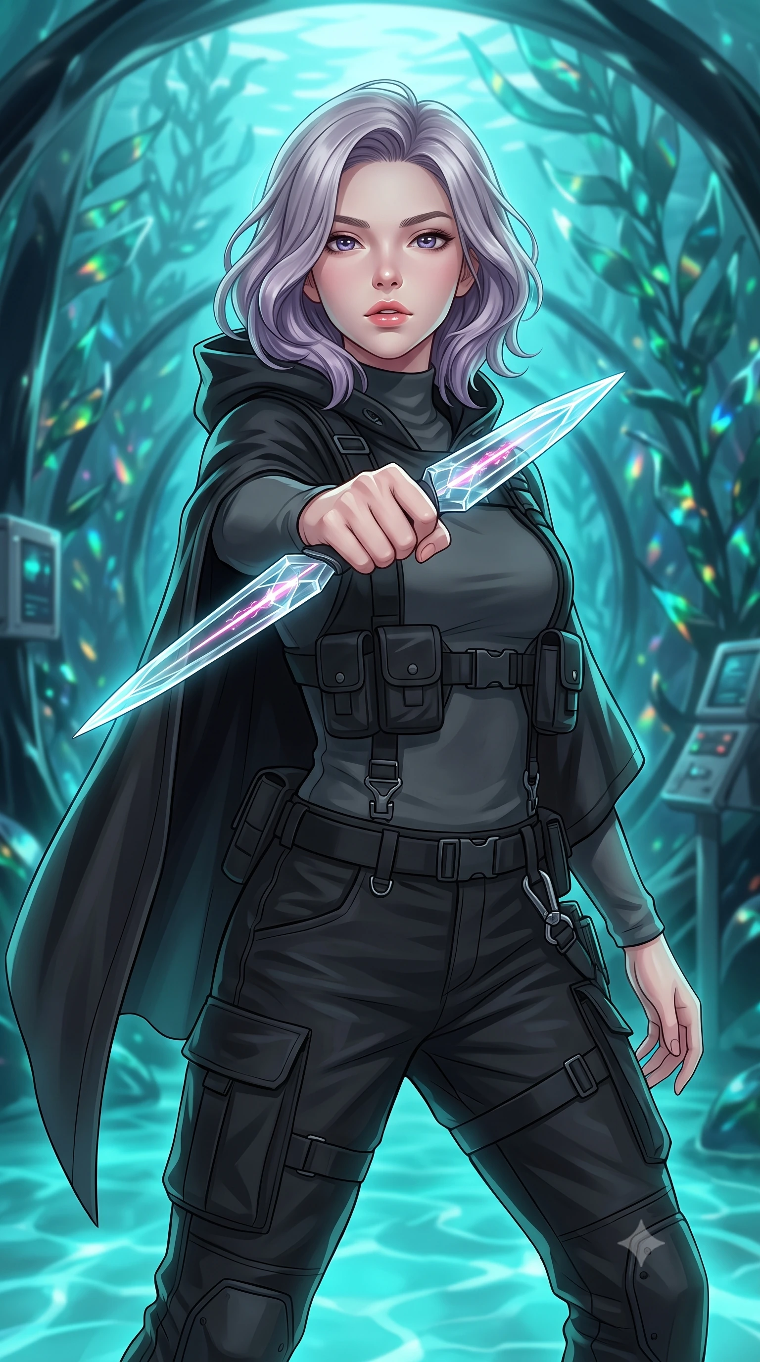 score_9, masterpiece, best quality, ultra-detailed, high-budget anime keyframe, editorial fashion photography, tasteful artistic composition, Caucasian woman. close-up cowboy shot from the waist and thighs up, the character dominates the composition, filling the frame with her large presence, background elements kept in soft focus. pointing a crystal-edged laser dagger forward in a defensive stance, tilting her chin up slightly with lips parted in a composed pose, the background shows a soft-focus a volcanic glass research tunnel running through a forest of glass kelp. She has an exceptionally elegant, slender, and willowy female figure with an ultra-slim waist, a gracefully sculpted slender torso, and a refined silhouette. sharp v-shaped jawline, high-bridge nose, intricate jewel-like eyes with depth, thick eyelashes, glossy lips with a natural sheen. wearing a slim-fit tactical utility poncho in waterproof matte black fabric, worn over a high-neck utility sweater and cargo pants. ethereal turquoise light diffusing from the ocean floor, wrapping her form. highly saturated vibrant anime colors, detailed shading with soft gradients, rich glossy textures, high-contrast stereoscopic depth, volumetric dynamic lighting, master piece, 9:16 ratio