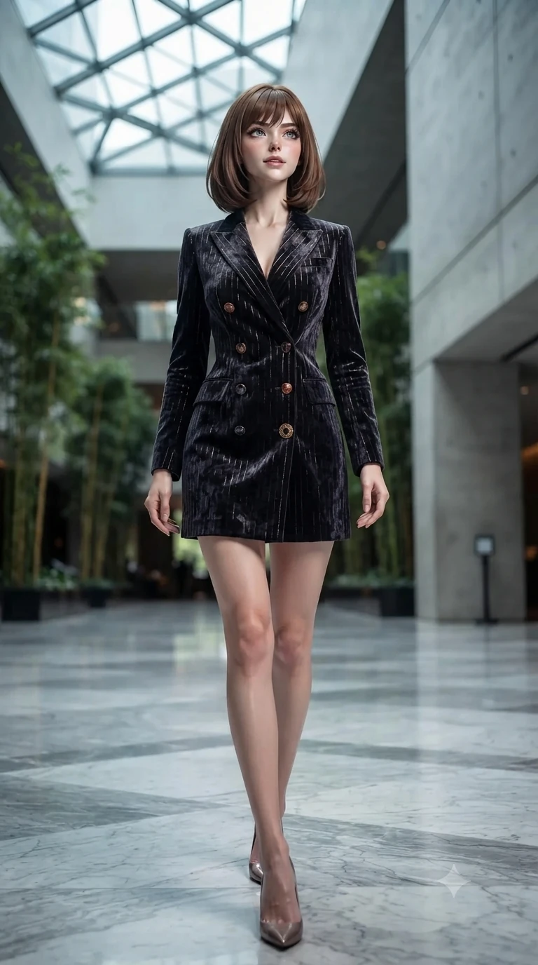 score_9, masterpiece, best quality, ultra-detailed, high-budget anime keyframe, editorial fashion photography, tasteful artistic composition, Caucasian woman. low angle full-body shot from head to toe showing her feet, filling the entire 9:16 vertical frame with her statuesque presence, stretching her vertical silhouette. sitting poised on the warm marble steps with one knee bent, arching her spine with supermodel elegance as she glances upward through thick eyelashes while walking slowly across the vast marble atrium with sovereign elegance, hips swaying gracefully as her heels click on stone. The background shows a soft-focus soaring geometric glass skylights, vertical bamboo rain gardens, and minimalist architectural concrete walls blurred into slate, jade, and charcoal bokeh. She has an exceptionally tall and slender model-like 8.5-heads proportion, an ultra-slim waist, a flat toned midriff, narrow delicate ribcage, and beautifully sculpted feminine hips creating a graceful, slim hourglass silhouette without any bulky heaviness, with impossibly long slender legs. sharp v-shaped jawline, high-bridge nose, intricate jewel-like dark sparkling eyes with dangerous depth, thick curled eyelashes, glossy parted lips with a rich wine sheen, smoldering seductive half-smile with bedroom-eyes, exuding effortless superiority and intoxicating dark allure, flawlessly proportioned anatomical accuracy, strict slender model proportions, natural body alignment, perfectly sculpted long slender limbs, ultra-slim waistline, clean dynamic posture without body distortion. wearing an aristocratic double-breasted midnight blazer dress with metallic pinstripes and crested buttons in dark burnt copper and matte black, tailored from crushed dark velvet with deep light-absorbing plush texture, finished with an authentic engraved gold medallion and obsidian cabochons, the impeccably tailored cut draping gracefully along her slender figure with aristocratic noir poise. illuminated by mirror-polished marble floor bounce and sharp silver-topaz rim lights defining her razor-sharp jawline, narrow waist, and curvy hips. ultra-reflective glossy finish, specular highlights, rich textural contrasts, high-contrast stereoscopic depth, volumetric dynamic lighting, 2k, ultra detail, master piece, 9:16 ratio
