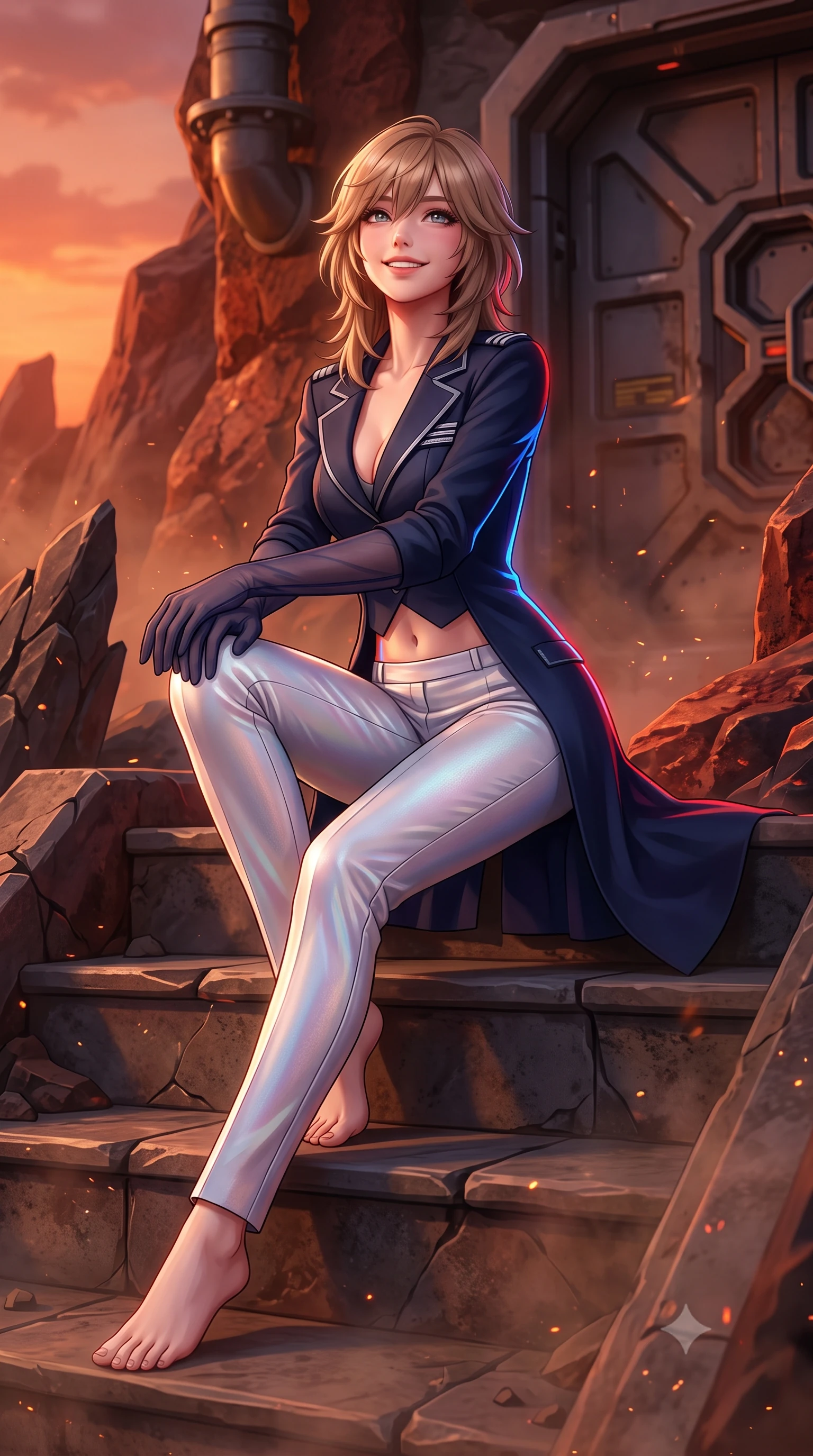 score_9, masterpiece, best quality, ultra-detailed, high-budget anime keyframe, semi-realistic 3D game render, editorial fashion photography, tasteful artistic composition, Japanese woman. low angle full-body shot from head to toe showing her feet, filling the entire 9:16 vertical frame with her statuesque presence, stretching her vertical silhouette. sitting poised on the stone steps with one knee bent, arching her spine with supermodel elegance as she glances upward through thick eyelashes while twisting her slender torso in an alluring contrapposto stance, terracotta sunset light and blue laser beams tracing her narrow waist and curvy hips. The surrounding environment is rendered in vivid detail and crisp panoramic clarity: sharp basalt rock fracture lines, oxidized iron red rock textures, and heavy industrial airlock seals in deep focus. She has an exceptionally tall and slender model-like 8.5-heads proportion, an ultra-slim waist, a flat toned midriff, narrow delicate ribcage, and beautifully sculpted feminine hips creating a graceful, slim hourglass silhouette without any bulky heaviness, with impossibly long slender legs. sharp v-shaped jawline, high-bridge nose, intricate jewel-like sparkling eyes with depth, thick eyelashes, glossy parted lips with a natural peach sheen, bright cheerful beaming smile with an enchanting and coquettish sensual glint, exuding both youthful cute charm and seductive allure, flawlessly proportioned anatomical accuracy, strict slender model proportions, natural body alignment, perfectly sculpted long slender limbs, ultra-slim waistline, clean dynamic posture without body distortion. wearing a tailored flight command officer coat in midnight navy with structured lapels, metallic rank braids, and tailored slim trousers in iridescent mother-of-pearl and liquid molten silver, tailored from high-density tech-wool with subtle metallic thread weave, complemented by sheer opera-length evening gloves tracing her slender arms, the impeccably tailored cut draping gracefully along her slender figure with aristocratic poise. illuminated by red sand reflection bounce and sharp cobalt-blue laser rim lights sculpting her jawline, narrow waist, and curvy hips. highly saturated vibrant anime colors, detailed shading with soft gradients, rich glossy textures, high-contrast stereoscopic depth, volumetric dynamic lighting, master piece, 9:16 ratio
