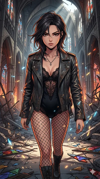 score_9, masterpiece, best quality, ultra-detailed, Set A: High-budget Anime Keyframe, Korean woman. Upper body close-up from the thighs up, character filling the screen for maximum presence. Walking gracefully through a shattered glass cathedral, wi