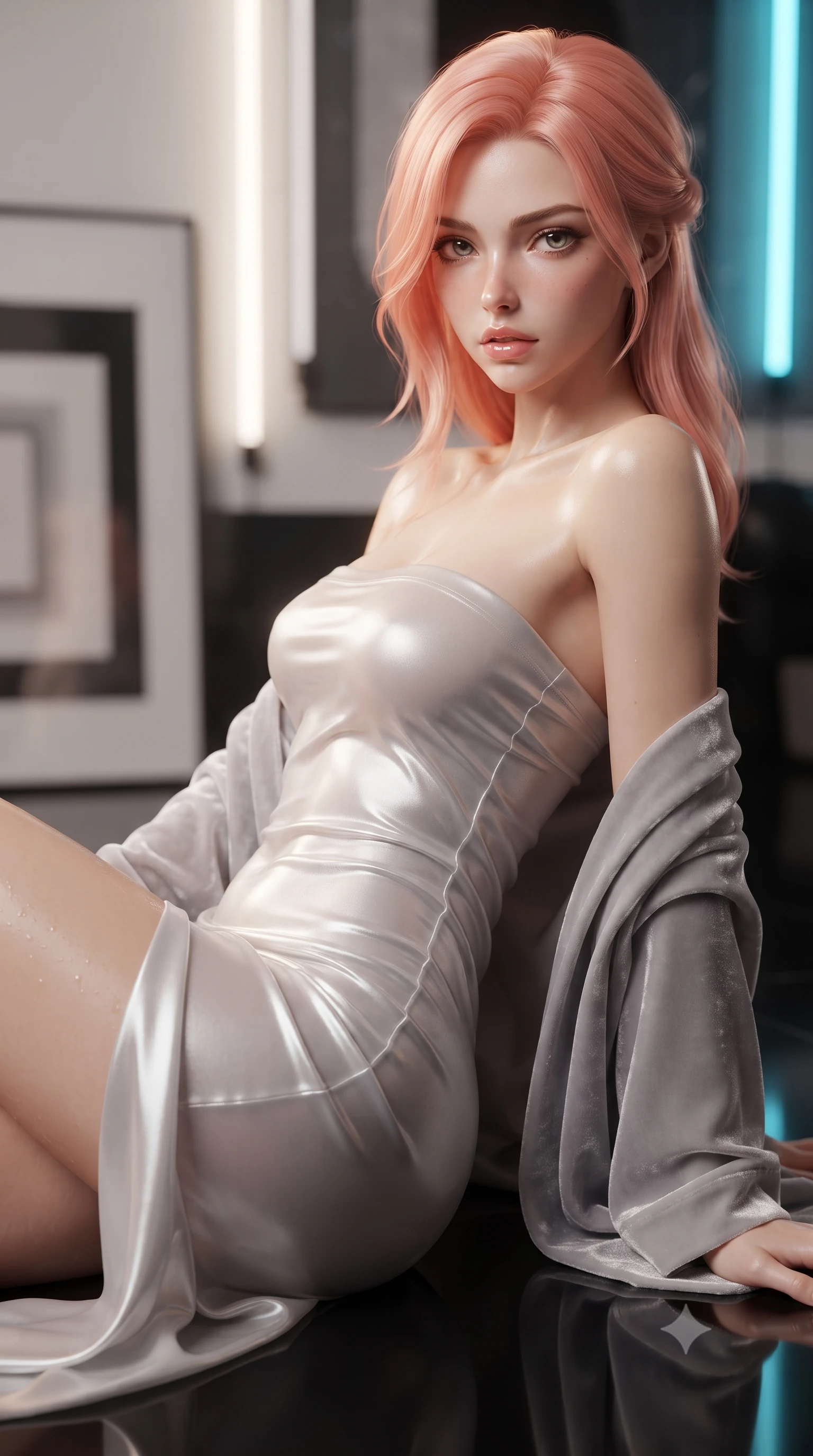 score_9, masterpiece, best quality, ultra-detailed, high-budget anime keyframe, editorial fashion photography, tasteful artistic composition, Japanese woman. close-up cowboy shot from the waist and thighs up, the character dominates the composition, filling the frame with her large presence. leaning back with relaxed seductive grace, her sculpted collarbones and narrow waist highlighted as she casts smoldering bedroom-eyes directly into the camera while gliding across the high-gloss black epoxy floor with sovereign elegance, glancing over a bare shoulder with parted glossy lips. The composition keeps background elements in soft focus with creamy bokeh. monumental geometric op-art canvases and minimalist neon wall tubes blurred into crisp alabaster, charcoal, and electric cyan bokeh. She has an exceptionally elegant, slender, and willowy female figure with an ultra-slim waist, flat toned midriff, narrow ribcage, and sculpted feminine hips creating an alluring, slim hourglass silhouette without bulk. sharp v-shaped jawline, high-bridge nose, intricate jewel-like eyes with depth, thick eyelashes, glossy parted lips with a natural sheen, intensely captivating and seductive bedroom-eyes expression, flawlessly proportioned anatomical accuracy, strict slender model proportions, natural body alignment, perfectly sculpted long slender limbs, ultra-slim waistline, clean dynamic posture without body distortion. wearing a delicate semi-translucent silk yukata that clings to her wet skin and curvy hip contours in shimmering silver mercury and pearl white, tailored from ultra-smooth duchess satin with a pearlescent sheen, complemented by a plush velvet shawl draped loosely over her elbows, the liquid-tight tailored fabric clinging flawlessly to her narrow waist and rounded feminine hips, emphasizing every millimeter of her sculpted slim hourglass curves without any bulky heaviness. illuminated by sharp linear edge highlights defining her sculpted collarbones, ultra-slim waist, and curvy hips. ultra-reflective glossy finish, specular highlights, rich textural contrasts, high-contrast stereoscopic depth, volumetric dynamic lighting, 2k, ultra detail, master piece, 9:16 ratio
