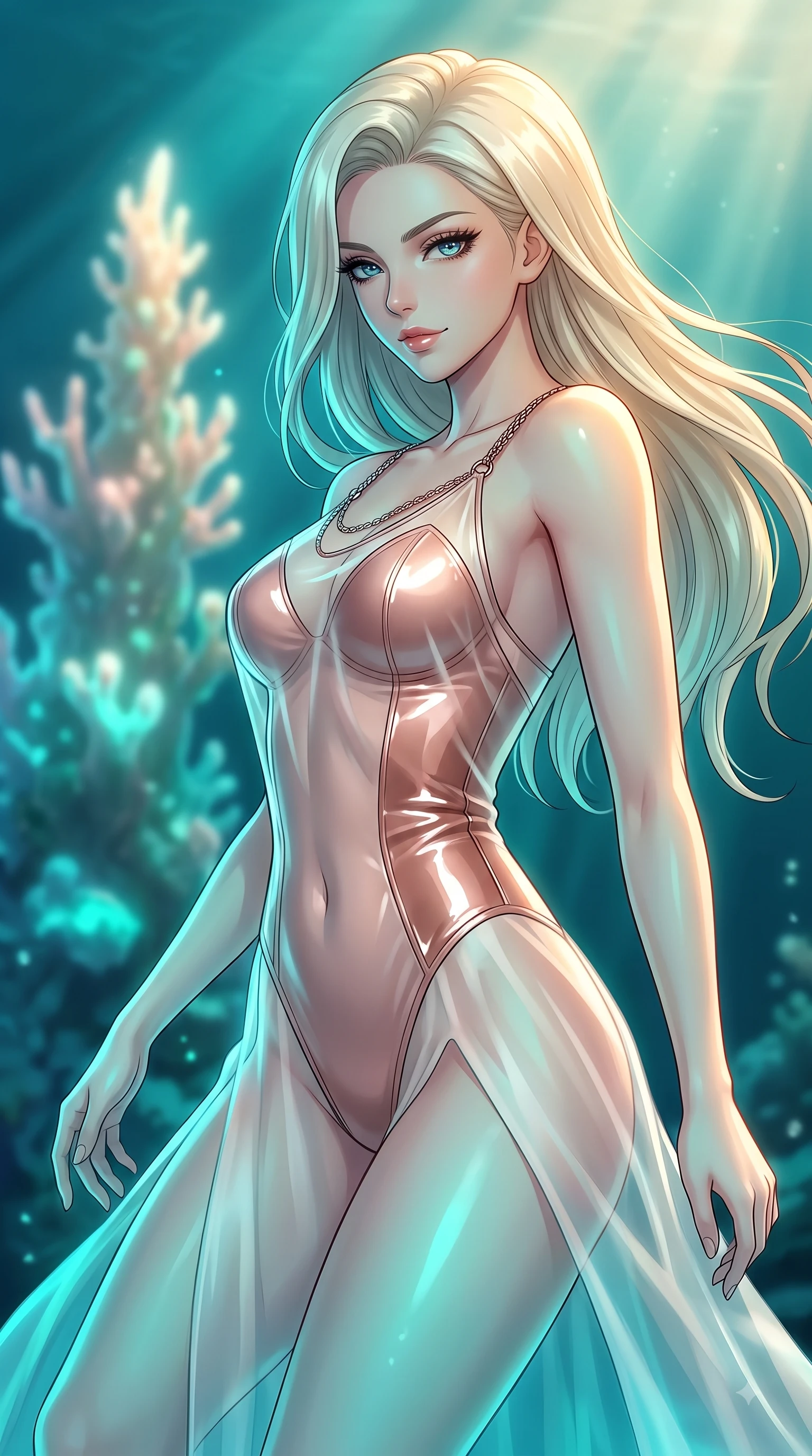 score_9, masterpiece, best quality, ultra-detailed, high-budget anime keyframe, editorial fashion photography, tasteful artistic composition, Caucasian woman. close-up cowboy shot from the waist and thighs up, the character dominates the composition, filling the frame with her large presence, background elements kept in soft focus. Casting a seductive sidelong gaze over her bare shoulder with heavy lashes and a composed half-smile while floating dynamically near a glowing coral spire as sunbeams penetrate deep turquoise ocean rays, gentle ocean currents swaying her lightweight attire in fluid underwater motions. She has an exceptionally elegant, slender, and willowy female figure with an ultra-slim waist, a gracefully sculpted slender torso, and a refined silhouette. sharp v-shaped jawline, high-bridge nose, intricate jewel-like eyes with depth, thick eyelashes, glossy lips with a natural sheen, flawlessly proportioned anatomical accuracy, natural body alignment, perfectly sculpted elegant limbs, clean dynamic posture without body distortion. wearing a semi-opaque sheer overlay dress over a leather micro-bodysuit in pearl white and rose gold, tailored from high-gloss patent leather, adorned with delicate metallic chain straps along the neckline, the tailored fabric tightly following every curve of her athletic build. illuminated by luminous aqua bioluminescence and warm golden top lighting. highly saturated vibrant anime colors, detailed shading with soft gradients, rich glossy textures, high-contrast stereoscopic depth, volumetric dynamic lighting, master piece, 9:16 ratio