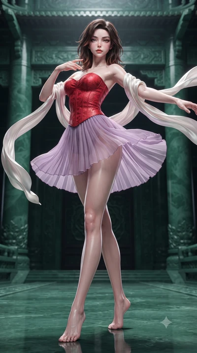 score_9, masterpiece, best quality, ultra-detailed, high-budget anime keyframe, editorial fashion photography, tasteful artistic composition, Korean woman. low angle full-body shot from head to toe showing her feet, filling the entire 9:16 vertical f
