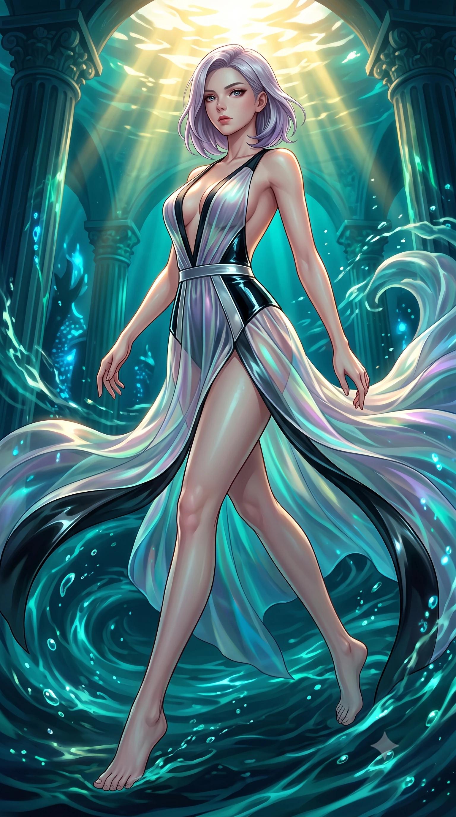 score_9, masterpiece, best quality, ultra-detailed, high-budget anime keyframe, editorial fashion photography, tasteful artistic composition, Caucasian woman. low angle full-body shot from head to toe showing her feet, filling the entire 9:16 vertical frame with her statuesque presence, stretching her vertical silhouette. forging dynamically through the scene with her long slender legs and ultra-slim waist creating a sweeping S-curve while gliding dynamically through a sunken colonnade as ocean currents swirl her flowing gown, intense golden underwater sunbeams Penetrating deep turquoise water in caustic ripples. She has an absolutely perfect, statuesque 8.5-heads proportion, an exceptionally tall and slender model-like female figure with impossibly long slender legs and an ultra-slim waist. sharp v-shaped jawline, high-bridge nose, intricate jewel-like eyes with depth, thick eyelashes, glossy lips with a natural sheen, flawlessly proportioned anatomical accuracy, natural body alignment, perfectly sculpted elegant limbs, clean dynamic posture without body distortion. wearing a translucent iridescent chiffon gown with a plunging neckline and open back in matte black and polished silver, tailored from high-gloss patent leather, accented with a Tasteful chest slit framing her clavicle gracefully, the tailored fabric tightly following every curve of her athletic build. illuminated by deep sea bioluminescence and warm golden top lighting. highly saturated vibrant anime colors, detailed shading with soft gradients, rich glossy textures, high-contrast stereoscopic depth, volumetric dynamic lighting, master piece, 9:16 ratio