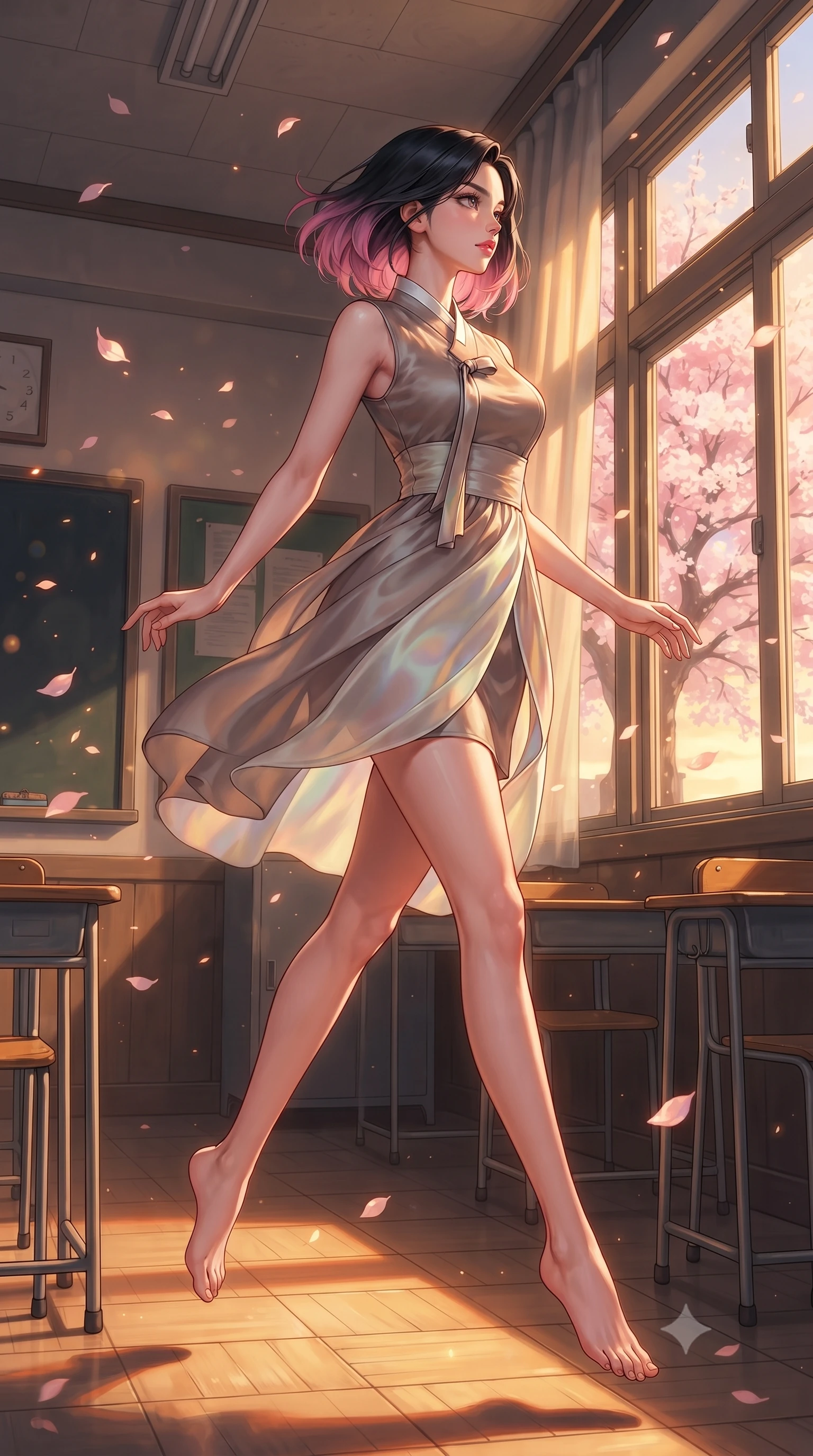 score_9, masterpiece, best quality, ultra-detailed, high-budget anime keyframe, editorial fashion photography, tasteful artistic composition, Korean woman. low angle full-body shot from head to toe showing her feet, filling the entire 9:16 vertical frame with her statuesque presence, stretching her vertical silhouette. leaping gracefully through the environment with statuesque elegance and long slender legs looking out a large classroom window as golden sunlight fills the quiet room, fluttering cherry blossom petals catching warm golden sunset highlights. She has an absolutely perfect, statuesque 8.5-heads proportion, an exceptionally tall and slender model-like female figure with impossibly long slender legs and an ultra-slim waist. sharp v-shaped jawline, high-bridge nose, intricate jewel-like eyes with depth, thick eyelashes, glossy lips with a natural sheen. wearing a modern fusion silk hanbok dress with a structured bodice in muted taupe and soft ivory, crafted from iridescent chiffon that shifts colors in the light, accented with a Tasteful chest slit framing her clavicle gracefully, the elegant draped fit framing her graceful clavicle and slender torso. bathed in brilliant golden hour sunset rays and warm amber ambient light. highly saturated vibrant anime colors, detailed shading with soft gradients, rich glossy textures, high-contrast stereoscopic depth, volumetric dynamic lighting, master piece, 9:16 ratio