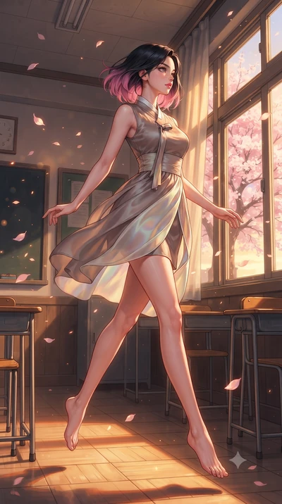 score_9, masterpiece, best quality, ultra-detailed, high-budget anime keyframe, editorial fashion photography, tasteful artistic composition, Korean woman. low angle full-body shot from head to toe showing her feet, filling the entire 9:16 vertical f