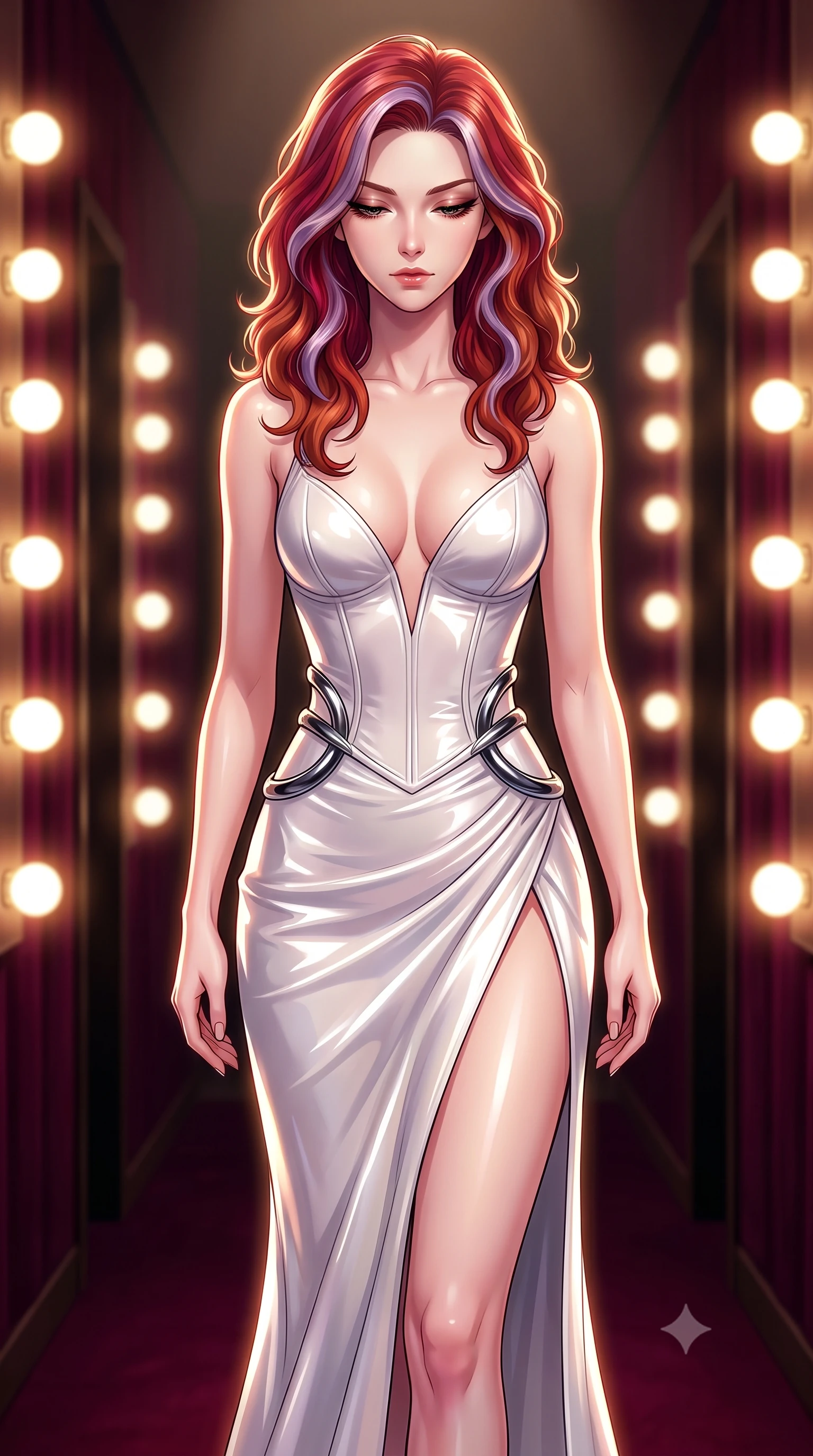 score_9, masterpiece, best quality, ultra-detailed, high-budget anime keyframe, editorial fashion photography, tasteful artistic composition, Caucasian woman. close-up cowboy shot from the waist and thighs up, the character dominates the composition, filling the frame with her large presence, background elements kept in soft focus. Looking down with lowered lashes and a composed, powerful dark aura, walking along a private velvet-lined hallway connecting the runway and lounge, warm round vanity light bulbs creating brilliant circular rim highlights. She has an exceptionally elegant, slender, and willowy female figure with an ultra-slim waist, a gracefully sculpted slender torso, and a refined silhouette. sharp v-shaped jawline, high-bridge nose, intricate jewel-like eyes with depth, thick eyelashes, glossy lips with a natural sheen. wearing low-cut gothic structured bodice gown with high leg slit in pearl white, made of high-gloss liquid vinyl, accented with sculpted obsidian chrome rings at the waist, accentuating her gracefully sculpted slender torso. lit by bright key rays highlighting her composed facial features. highly saturated vibrant anime colors, detailed shading with soft gradients, rich glossy textures, high-contrast stereoscopic depth, volumetric dynamic lighting, master piece, 9:16 ratio
