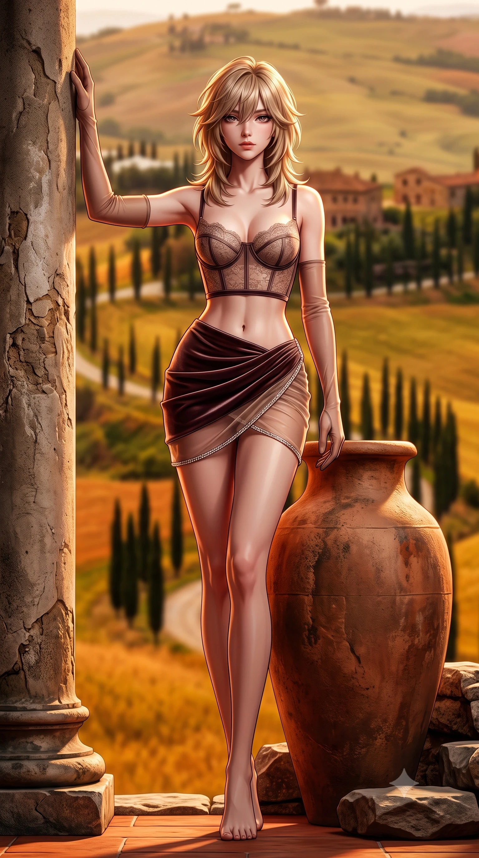 score_9, masterpiece, best quality, ultra-detailed, high-budget anime keyframe, semi-realistic 3D game render, editorial fashion photography, tasteful artistic composition, Japanese woman. low angle full-body shot from head to toe showing her feet, filling the entire 9:16 vertical frame with her statuesque presence, stretching her vertical silhouette. standing tall beside the architectural column, one hand resting high while arching her lower back to emphasize her sculpted feminine hips and slender waist while leaning back against the terracotta urn with hips cocked back, looking into the camera with an intoxicating, heavy-lidded bedroom-gaze. The background shows a soft-focus rolling golden hills of Val d'Orcia, winding rows of dark green cypress trees, and ancient stone farmhouses blurred into amber, terracotta, and olive-gold bokeh. She has an absolutely perfect, statuesque 8.5-heads proportion, an exceptionally tall and slender model-like female figure with impossibly long slender legs, an ultra-slim waist, a flat toned midriff, narrow delicate ribcage, and beautifully sculpted feminine hips creating a graceful, slim hourglass silhouette without any bulky heaviness. sharp v-shaped jawline, high-bridge nose, sparkling eyes with hypnotic seductive depth, thick curled eyelashes, glossy parted lips with a natural dewy peach sheen, alluring bedroom-eyes with an enchanting coquettish smile, exuding magnetic siren charisma and sophisticated glamour, flawlessly proportioned anatomical accuracy, strict slender model proportions, natural body alignment, perfectly sculpted long slender limbs, ultra-slim waistline, clean dynamic posture without body distortion. wearing a sculpted underwire demi-bustier in semi-sheer lace paired with an ultra-short draped tulip skirt in sheer dusky champagne and glistening crystal trims, tailored from ultra-plush velvet with rich tactile depth and deep shadow gradients, complemented by sheer opera-length evening gloves tracing her slender arms, the second-skin tailored fabric adhering flawlessly to her sculpted flat midriff and slender torso, emphasizing her long leg lines and perfectly proportioned willowy build. illuminated by terracotta floor bounce and sharp molten-bronze rim lights sculpting her razor-sharp jawline, narrow waist, and curvy hips. highly saturated vibrant anime colors, detailed shading with soft gradients, rich glossy textures, high-contrast stereoscopic depth, volumetric dynamic lighting, master piece, 9:16 ratio