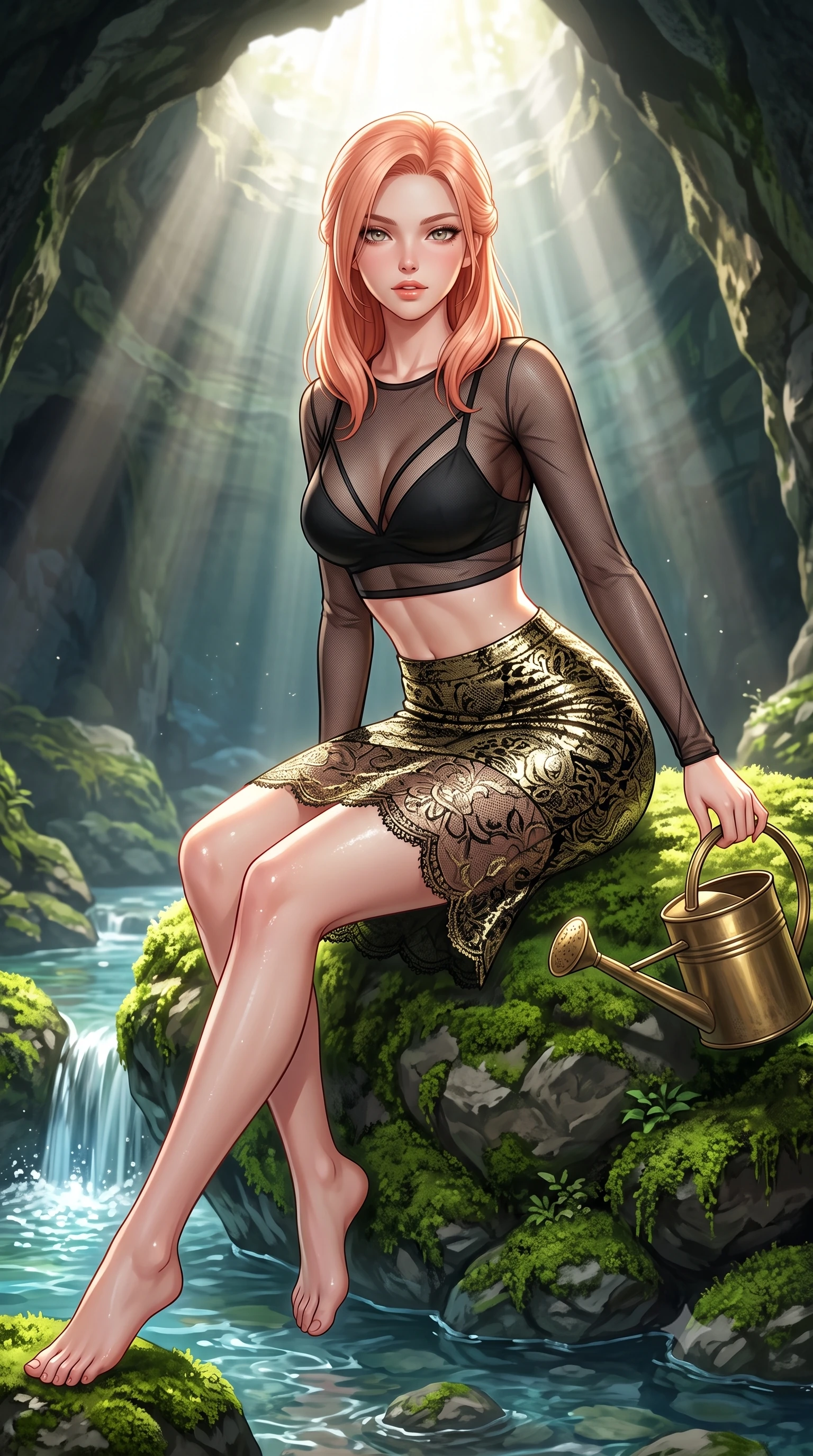 score_9, masterpiece, best quality, ultra-detailed, high-budget anime keyframe, semi-realistic 3D game render, editorial fashion photography, tasteful artistic composition, Japanese woman. close-up cowboy shot from the waist and thighs up, the character dominates the composition, filling the frame with her large presence. leaning forward while arching her lower back to accentuate her curvy hips, looking into the camera with an intoxicating smoldering gaze and bedroom-eyes while sitting on a moss-covered boulder beside a trickling spring with legs extended, displaying her long slender limbs with effortless nymph grace. The surrounding environment is rendered in vivid detail and crisp panoramic clarity: detailed sheer gossamer linen slip cling, glistening skin highlights, and natural geological grotto formations in high resolution. She has an exceptionally elegant, slender, and willowy female figure with an ultra-slim waist, flat toned midriff, narrow ribcage, and sculpted feminine hips creating an alluring, slim hourglass silhouette without bulk. sharp v-shaped jawline, high-bridge nose, sparkling eyes with hypnotic seductive depth, thick curled eyelashes, glossy parted lips with a natural dewy peach sheen, alluring bedroom-eyes with an enchanting coquettish smile, exuding magnetic siren charisma and sophisticated glamour, flawlessly proportioned anatomical accuracy, strict slender model proportions, natural body alignment, perfectly sculpted long slender limbs, ultra-slim waistline, clean dynamic posture without body distortion. wearing a delicate sheer mesh long-sleeve crop top layered over an opaque strappy micro-bralette and tight metallic skirt in dual-tone high-contrast gold-and-black monochrome, made of delicate semi-sheer French Chantilly lace with intricate eyelash edges, finished with an antique brass watering can held casually at her side, the second-skin tailored fabric adhering flawlessly to her sculpted flat midriff and slender torso, emphasizing her long leg lines and perfectly proportioned willowy build. bathed in dramatic angled shafts of pure morning sunlight (god rays) penetrating the sunken cavern opening. highly saturated vibrant anime colors, detailed shading with soft gradients, rich glossy textures, high-contrast stereoscopic depth, volumetric dynamic lighting, master piece, 9:16 ratio
